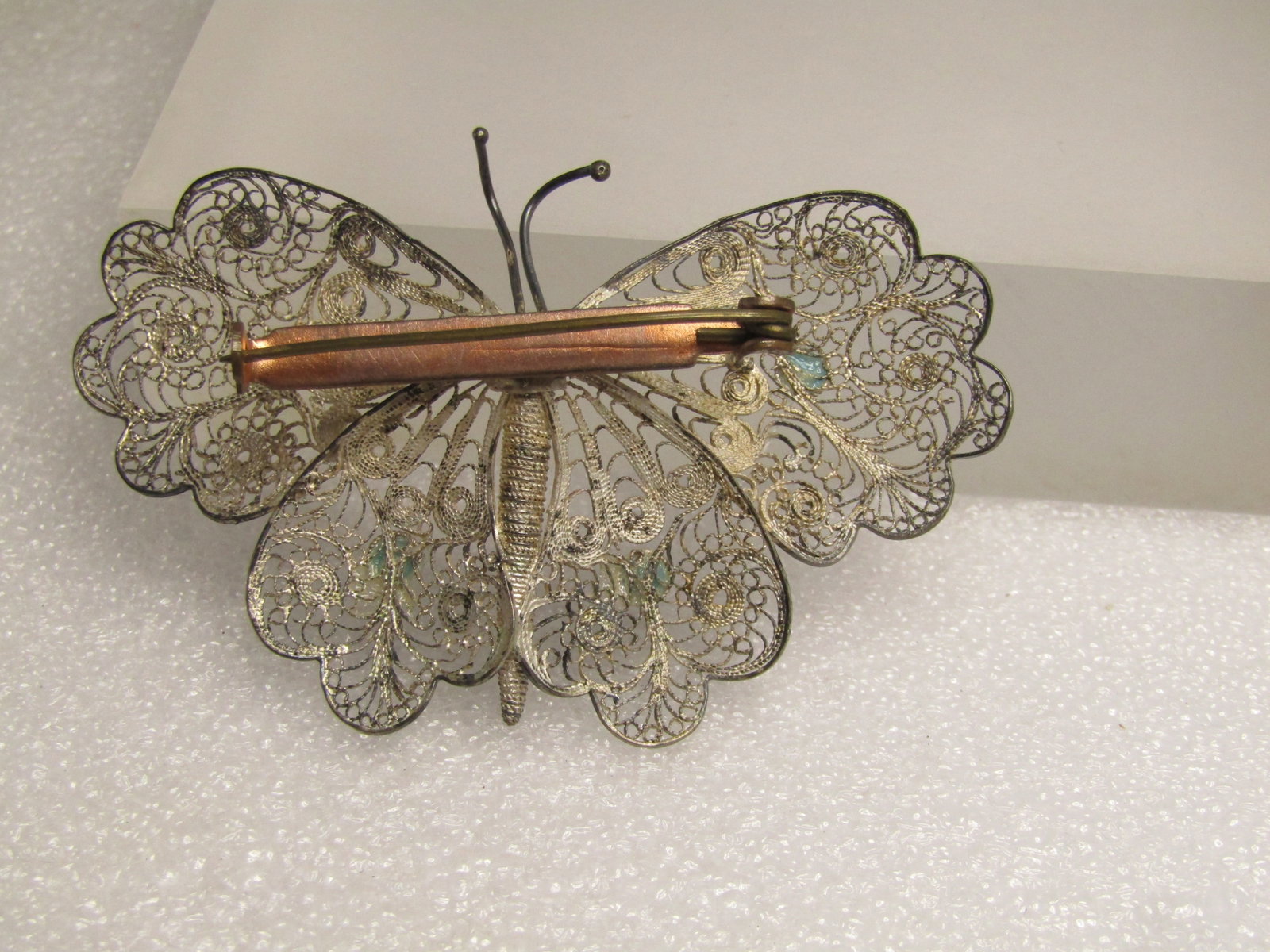 Vintage .800 Silver Filigree Butterfly Brooch, 1930's-1940's, Faux Turquoise Stones - 4