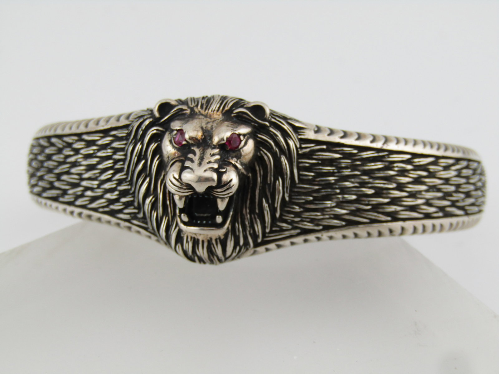 Sterling Lion Cuff Bracelet, Ruby Eyes, 7.25" - 5