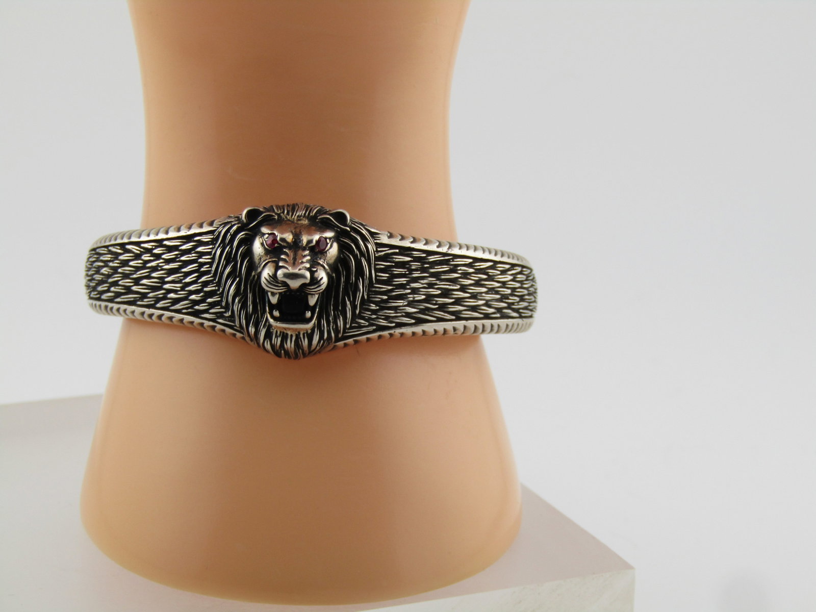 Sterling Lion Cuff Bracelet, Ruby Eyes, 7.25" - 6