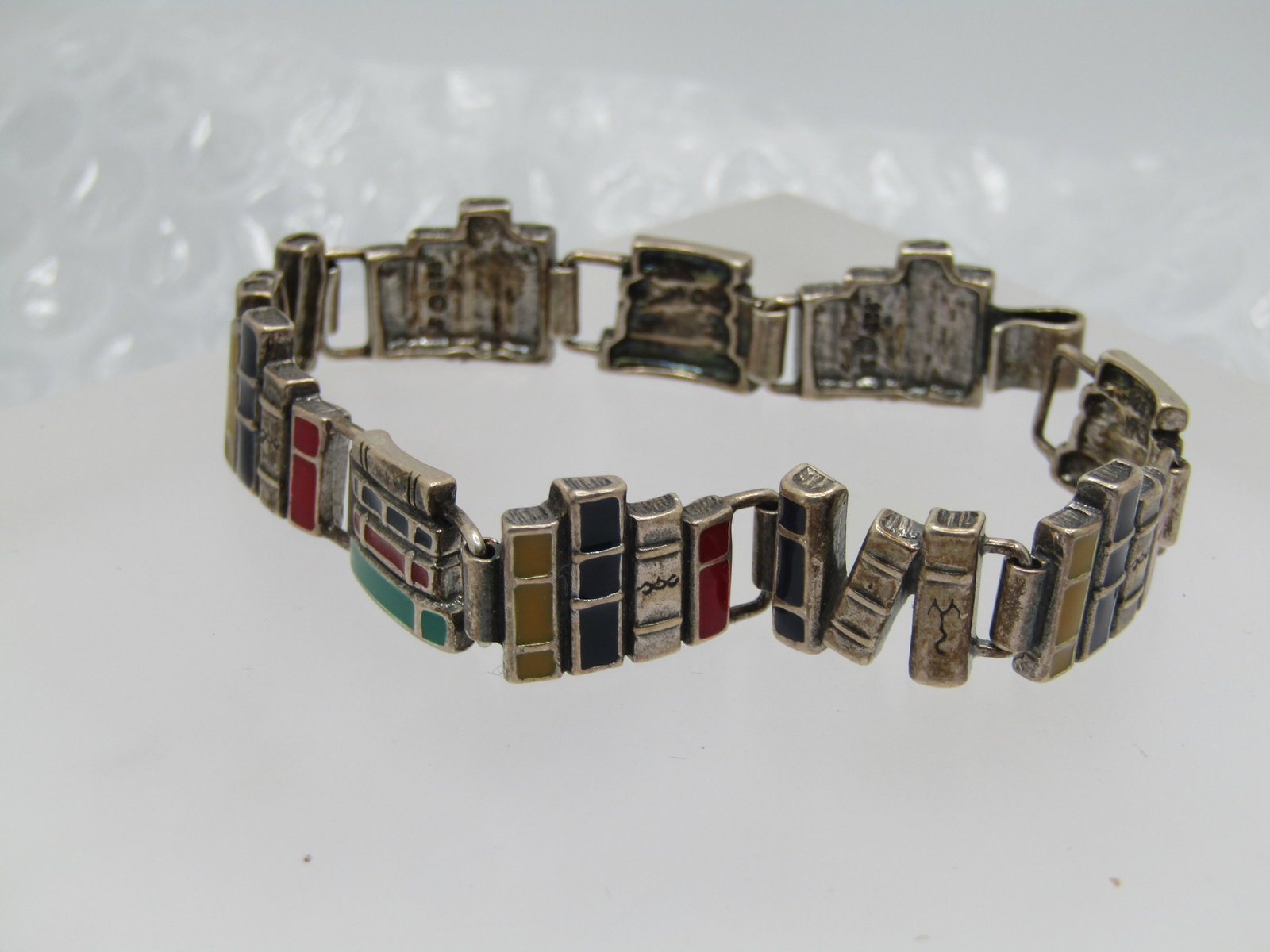 Vintage Sterling Enameled Book Bracelet, 6.75", Signed S - 2
