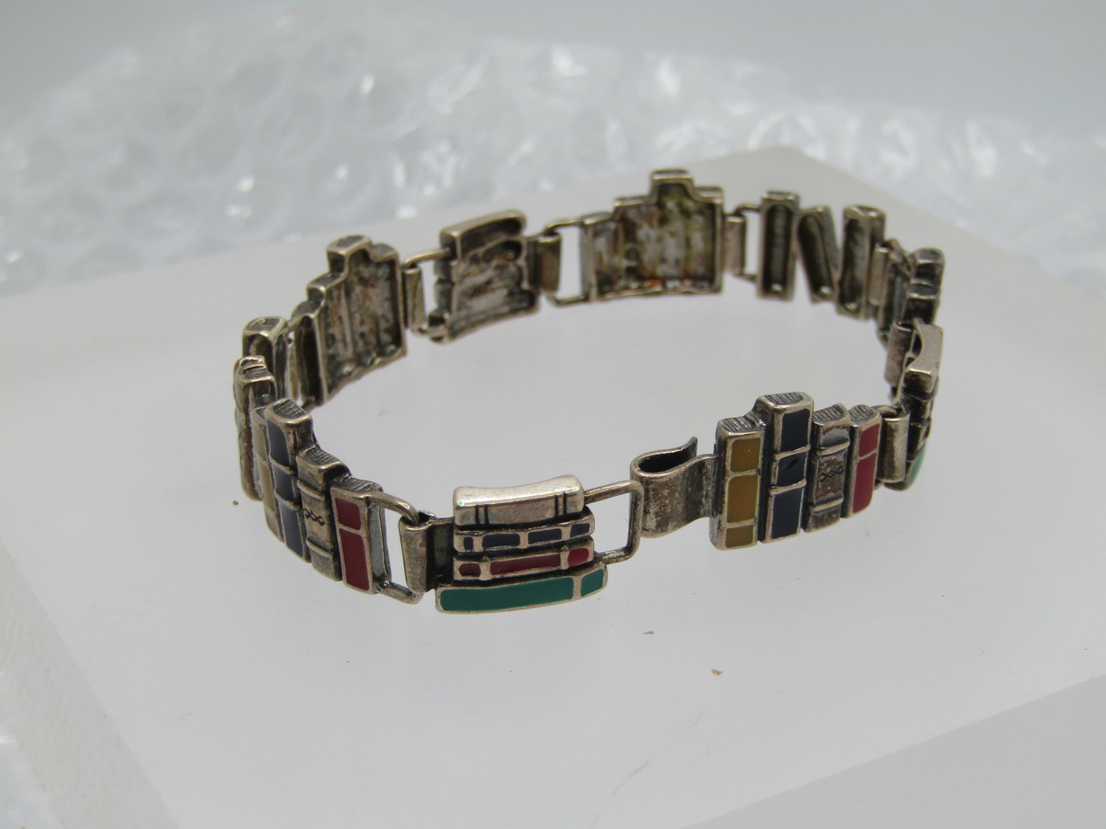 Vintage Sterling Enameled Book Bracelet, 6.75", Signed S - 3