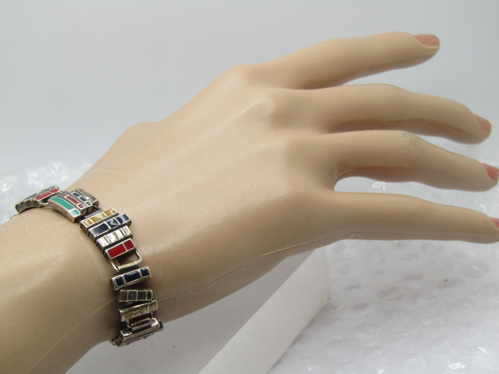 Vintage Sterling Enameled Book Bracelet, 6.75", Signed S - 5