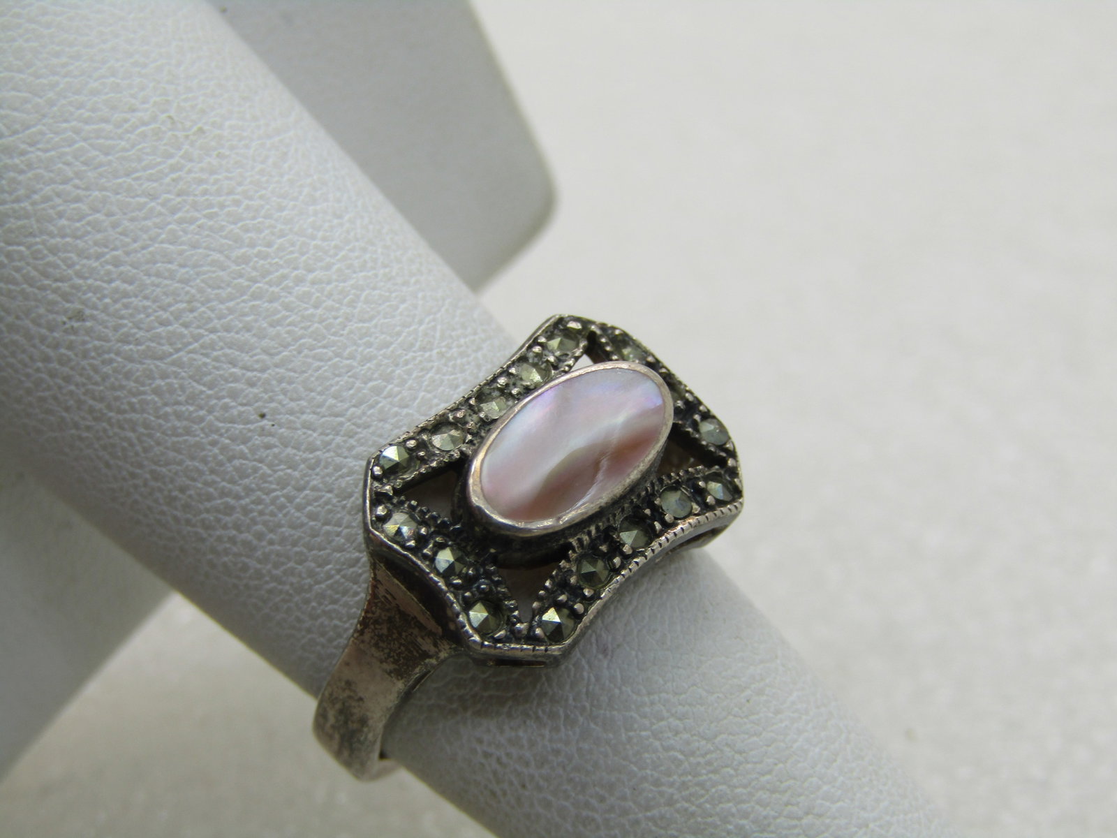 Vintage Sterling Silver Marcasite Mother-of-Pearl Ring, Sz. 7, Signed MA - 2