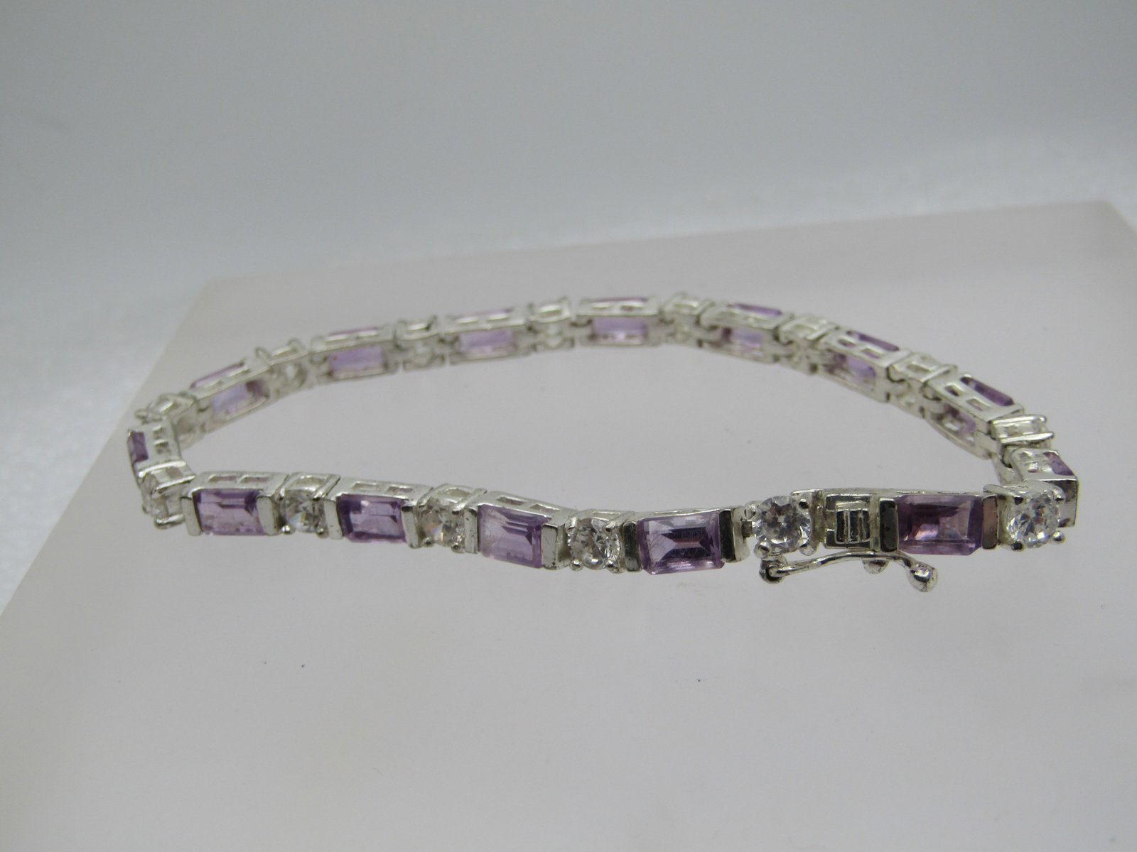 Vintage Sterling Amethyst Clear CZ Bracelet, 7.25", Signed - 2