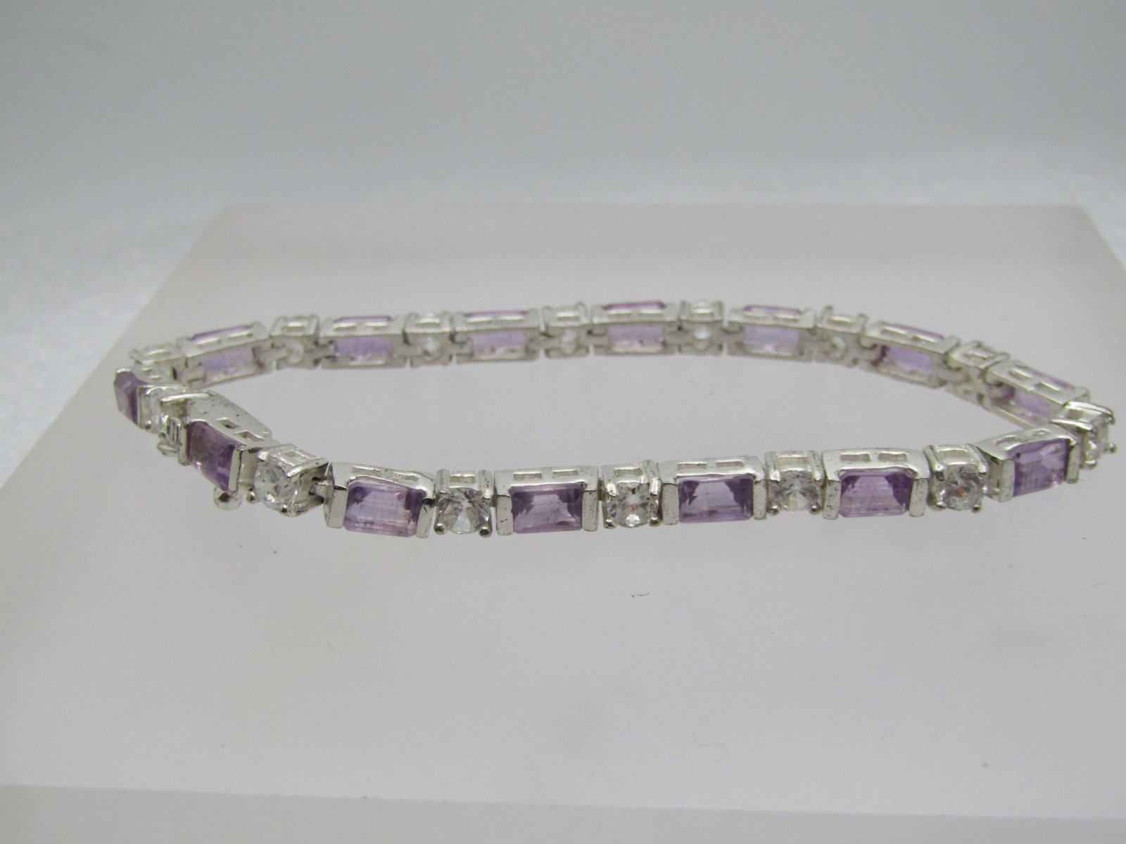 Vintage Sterling Amethyst Clear CZ Bracelet, 7.25", Signed - 3