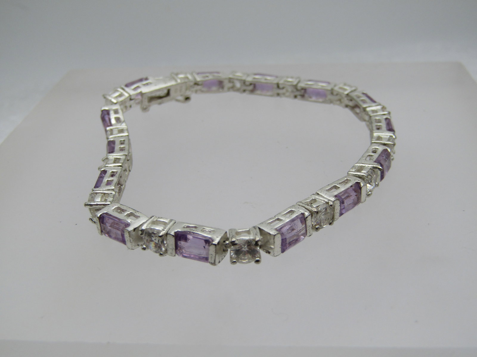 Vintage Sterling Amethyst Clear CZ Bracelet, 7.25", Signed - 4
