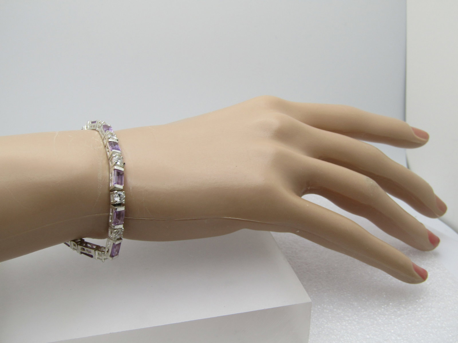 Vintage Sterling Amethyst Clear CZ Bracelet, 7.25", Signed - 6