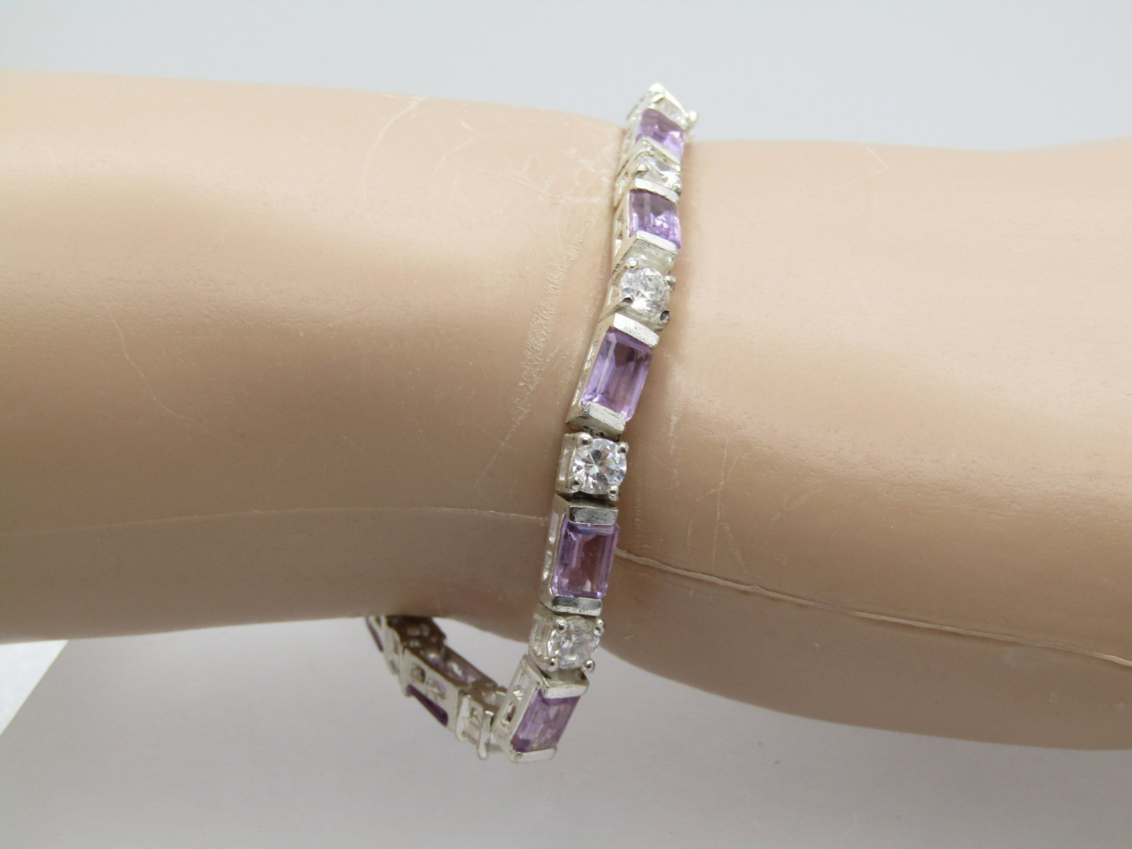 Vintage Sterling Amethyst Clear CZ Bracelet, 7.25", Signed - 7