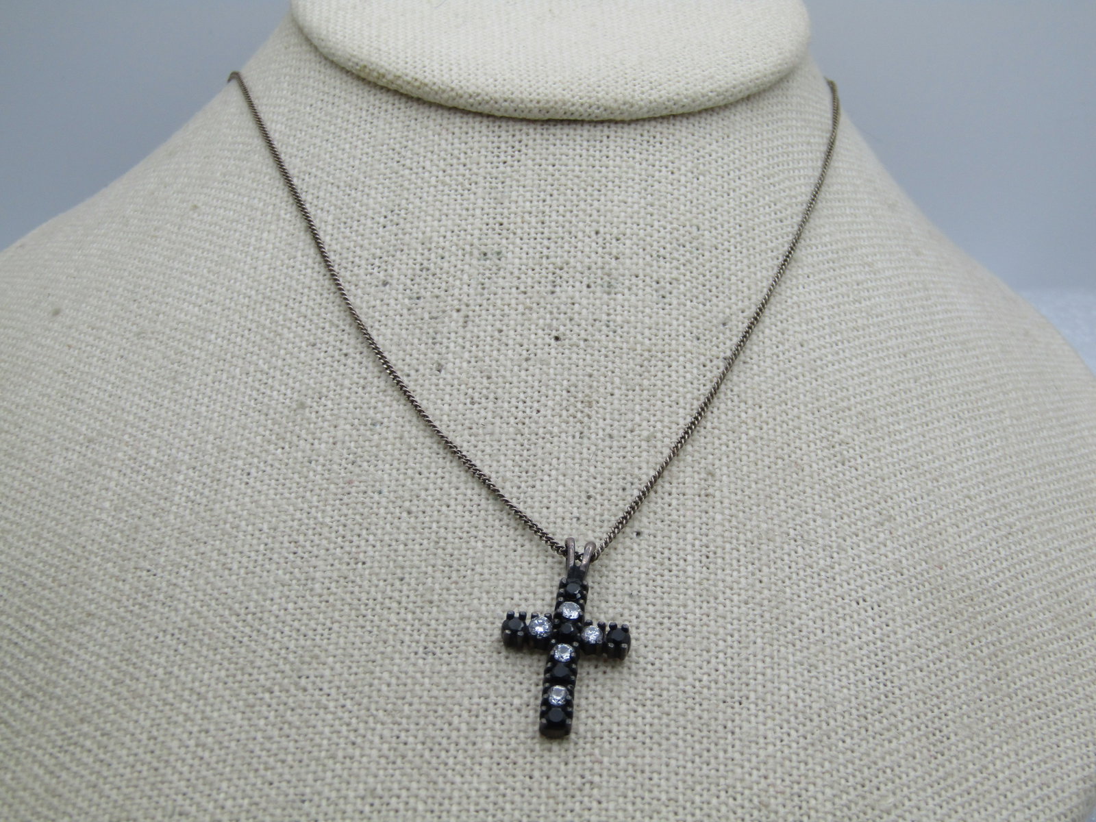 Vintage Sterling Black and Clear Rhinestone Cross, 19", Avon , 1980's - 3