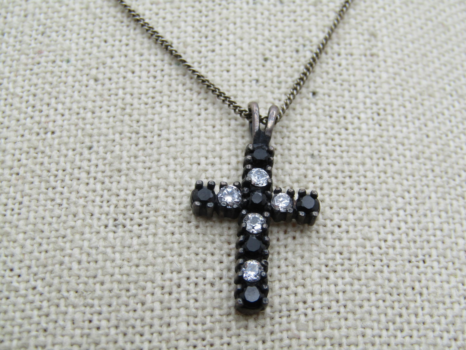 Vintage Sterling Black and Clear Rhinestone Cross, 19", Avon , 1980's - 5