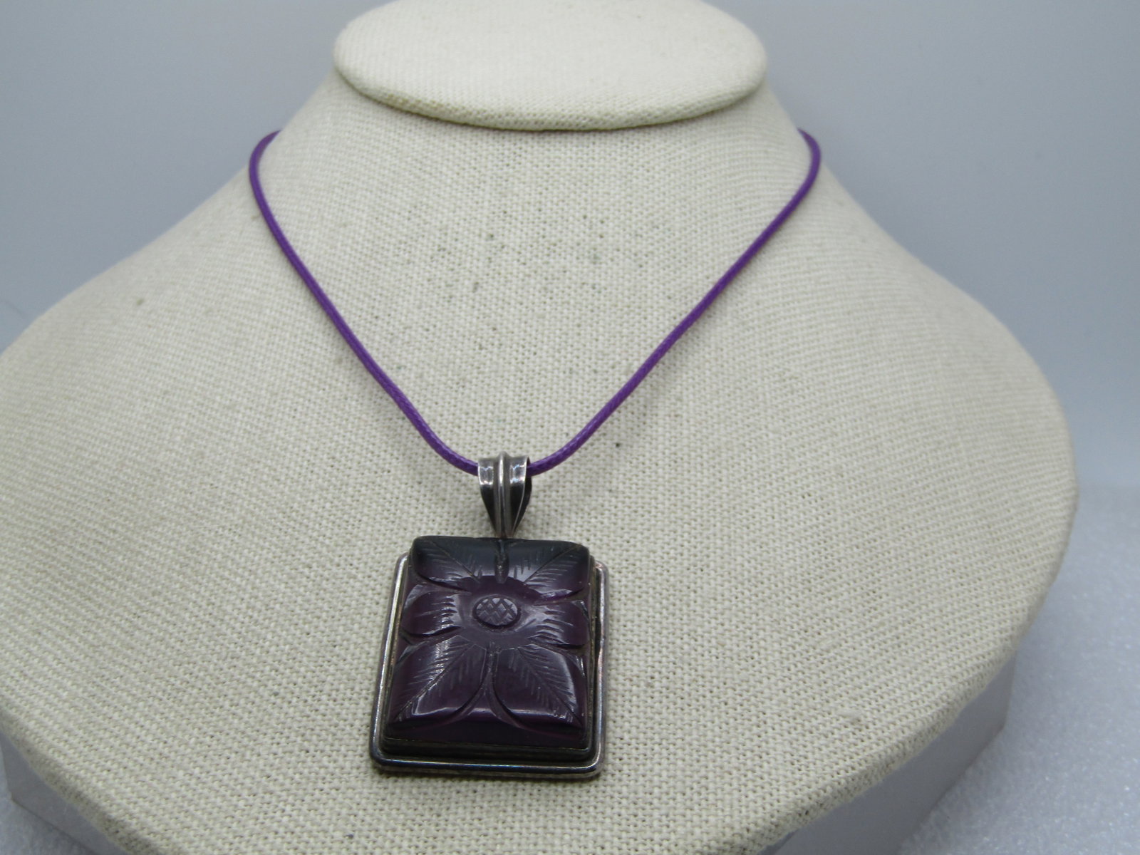 Vintage Sterling Carved Amethyst Floral Necklace, 20", 1980's-1990's - 4