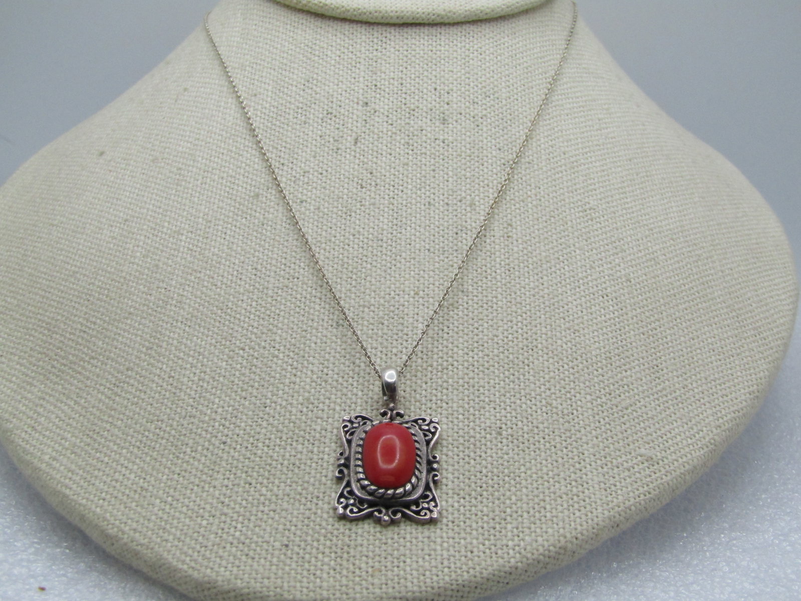 Vintage Sterling Blue Stone Necklace, 20" , 1980's-1990's: Title: Vintage Sterling Blue Stone Necklace, 20" , 1980's-1990's Description: Vintage Sterling Blue Stone Necklace, 20" , 1980's-1990's. The pendant has a scrolled filigree frame and the pendant is
