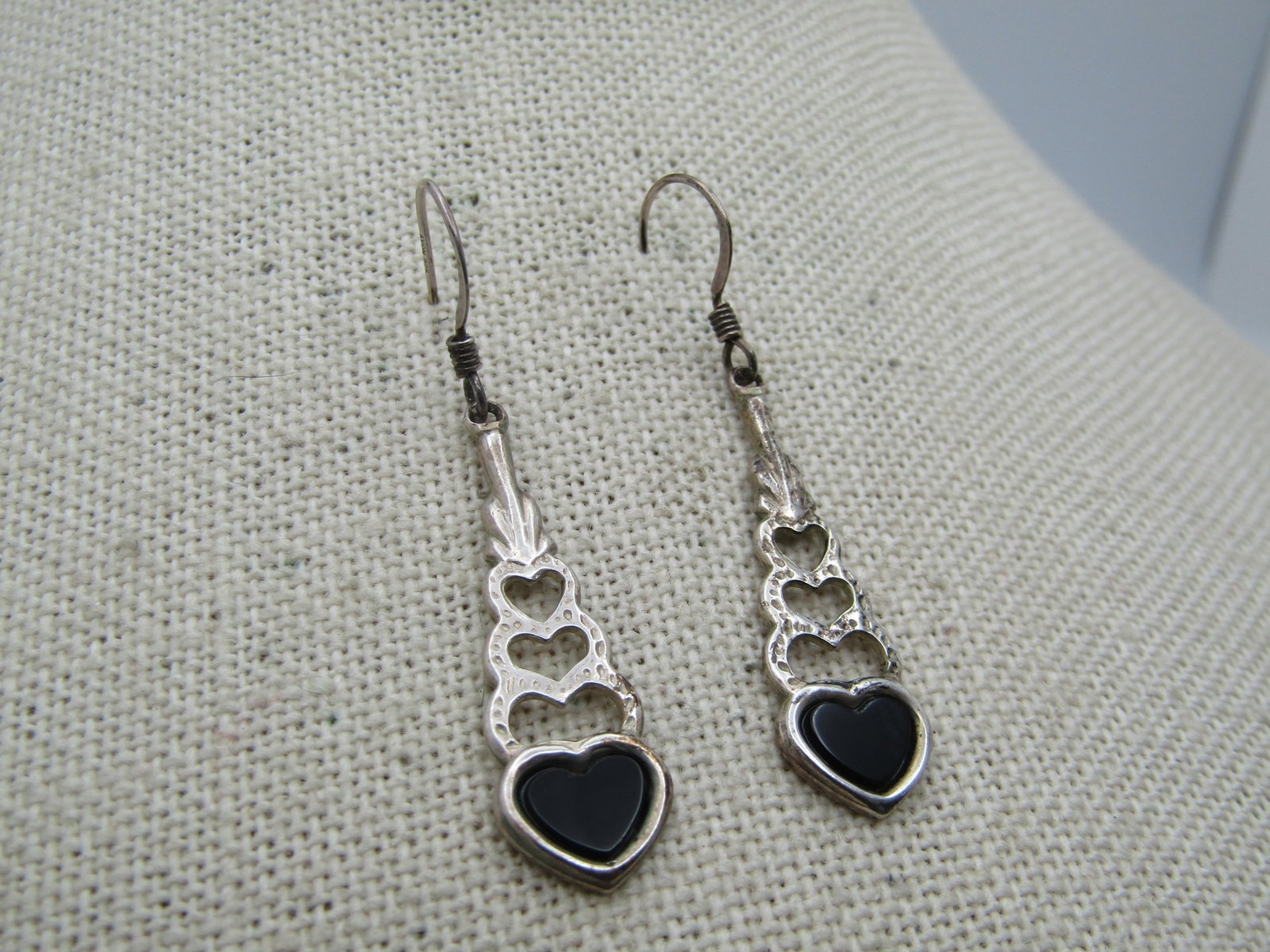 Vintage Sterling Onyx Heart Journey Earrings, Pierced, 1980's - 2