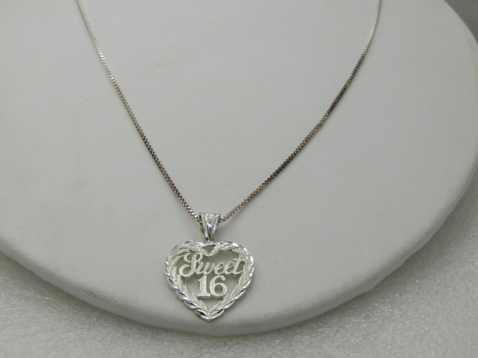 Vintage Sterling Sweet 16 Heart Necklace, 18" Box Chain, Signed - 2