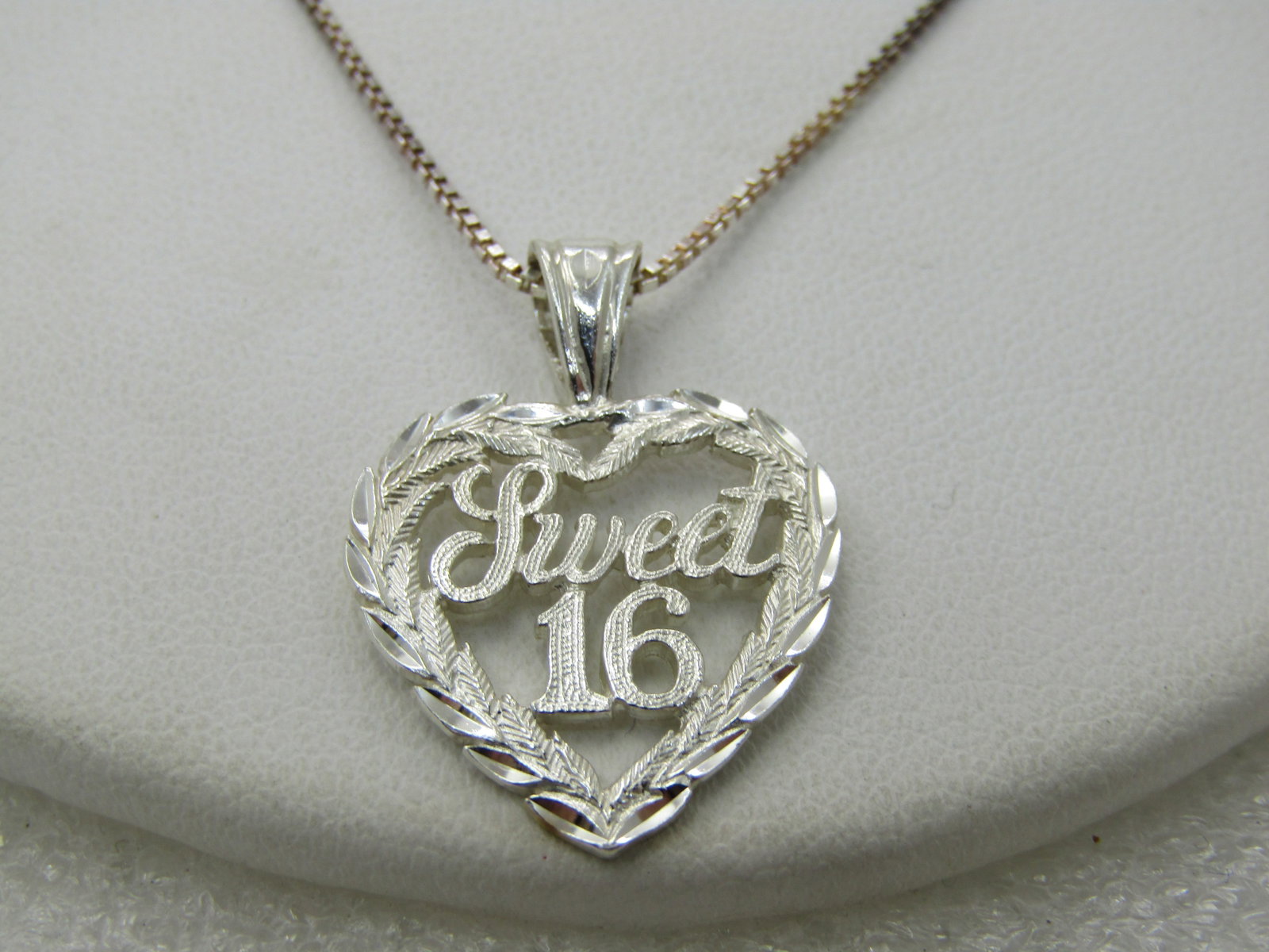 Vintage Sterling Sweet 16 Heart Necklace, 18" Box Chain, Signed - 3