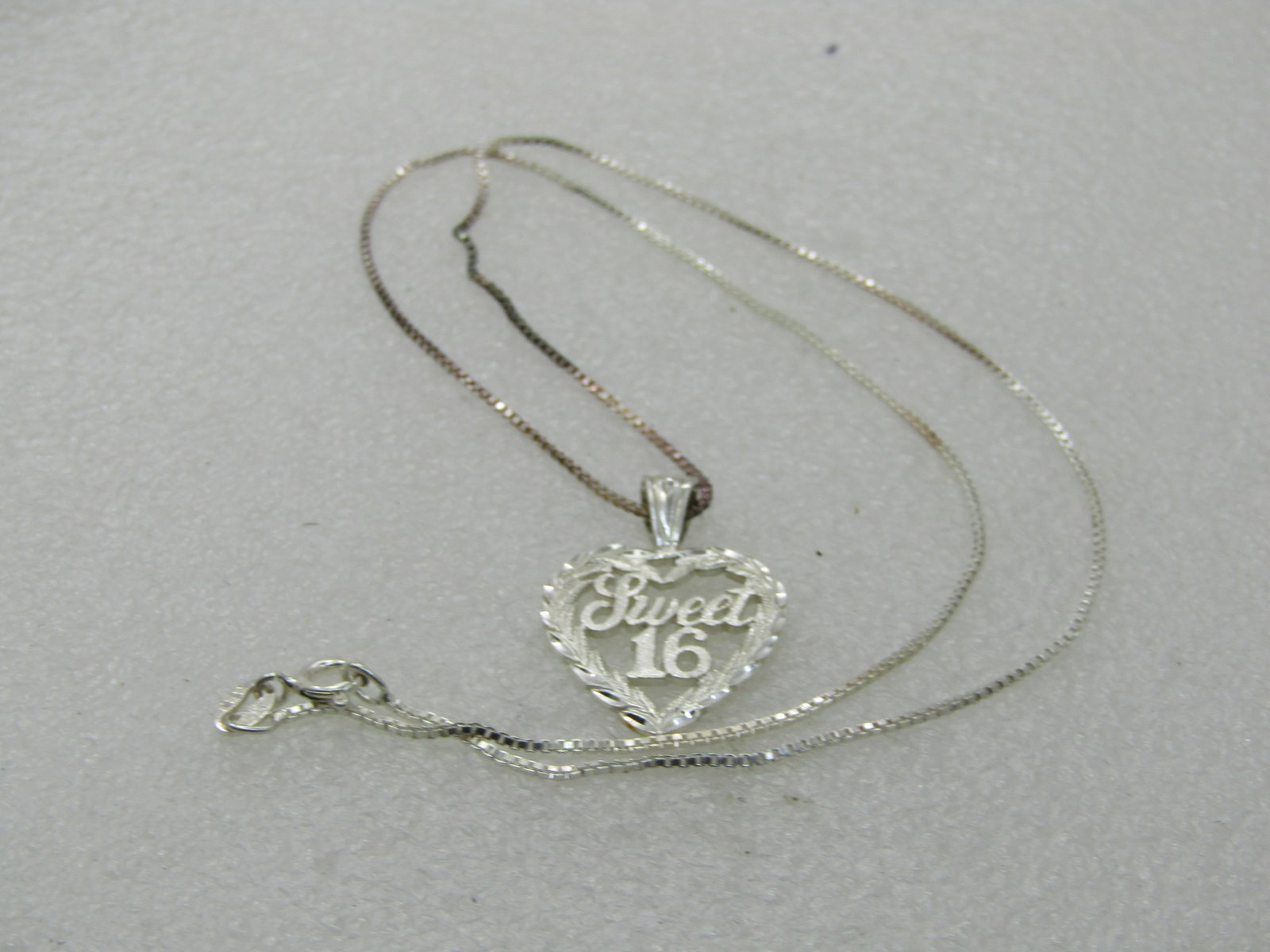 Vintage Sterling Sweet 16 Heart Necklace, 18" Box Chain, Signed - 4