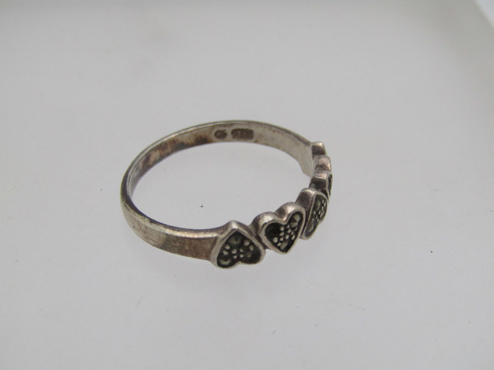 Vintage Sterling Heart Marcasite Band Ring, Signed D, Sz. 8 - 4