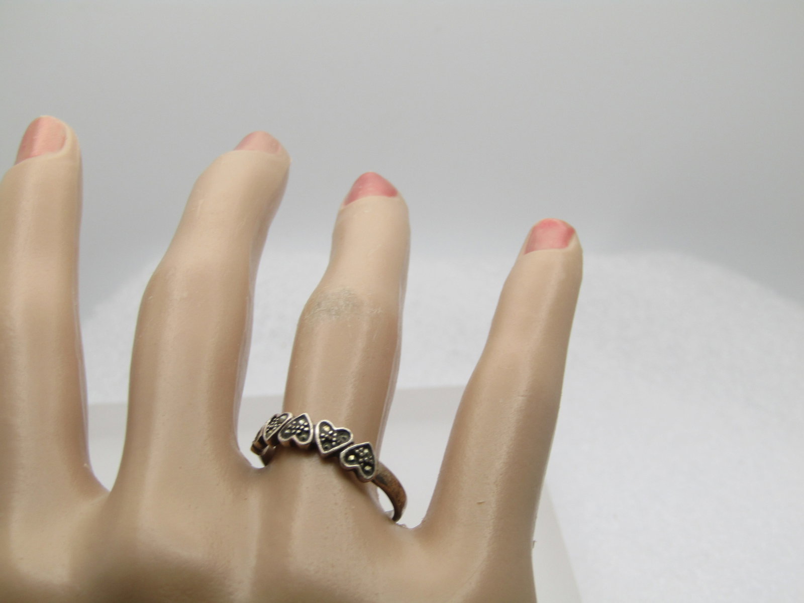 Vintage Sterling Heart Marcasite Band Ring, Signed D, Sz. 8 - 6