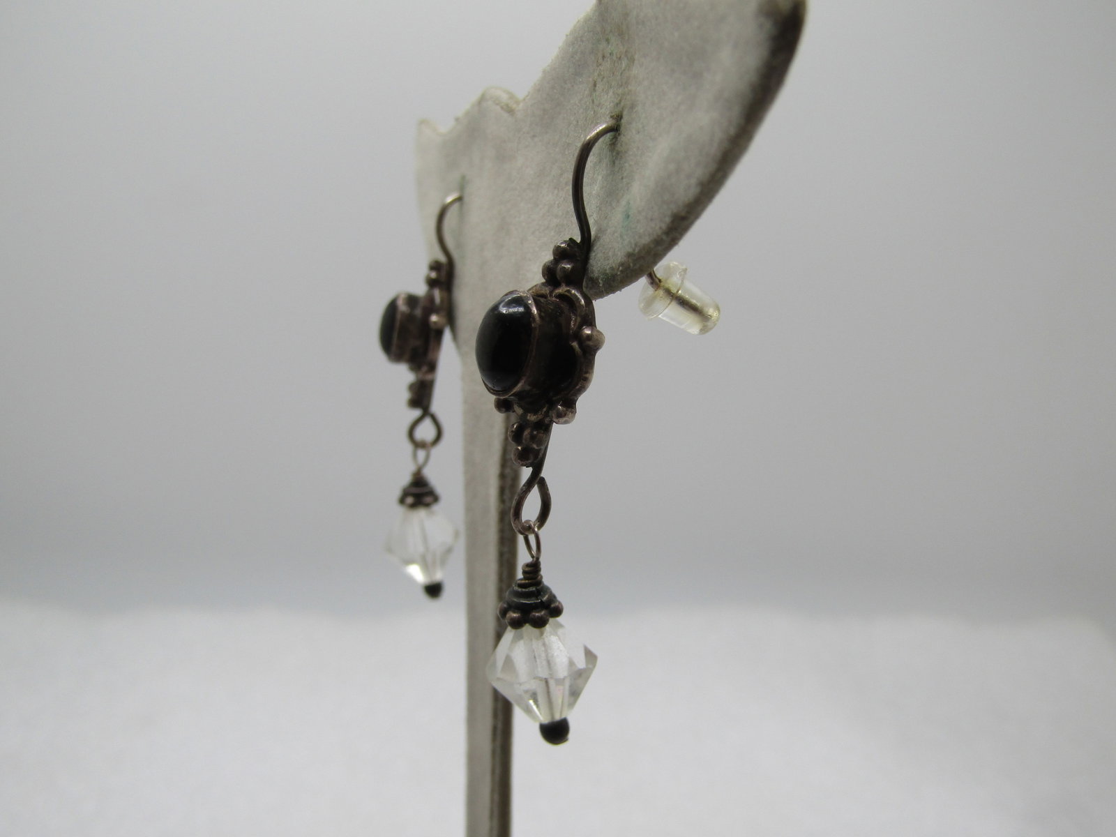 Vintage Sterling Black Cateye Earrings with Crystals, Drop, Boho, 1980's-1990's - 2