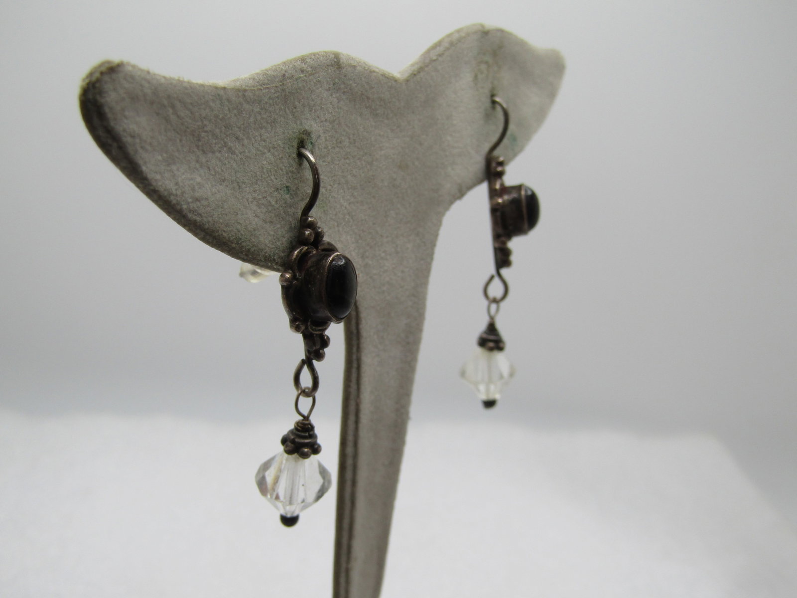Vintage Sterling Black Cateye Earrings with Crystals, Drop, Boho, 1980's-1990's - 3