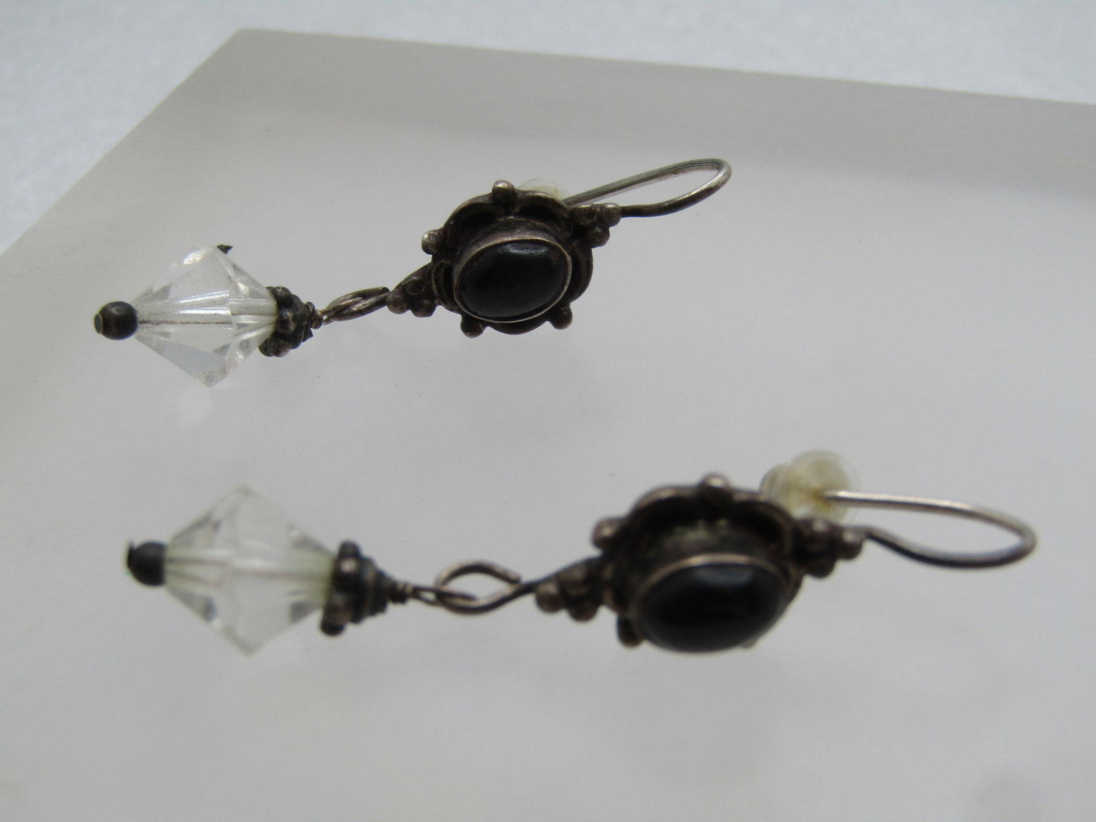 Vintage Sterling Black Cateye Earrings with Crystals, Drop, Boho, 1980's-1990's - 5