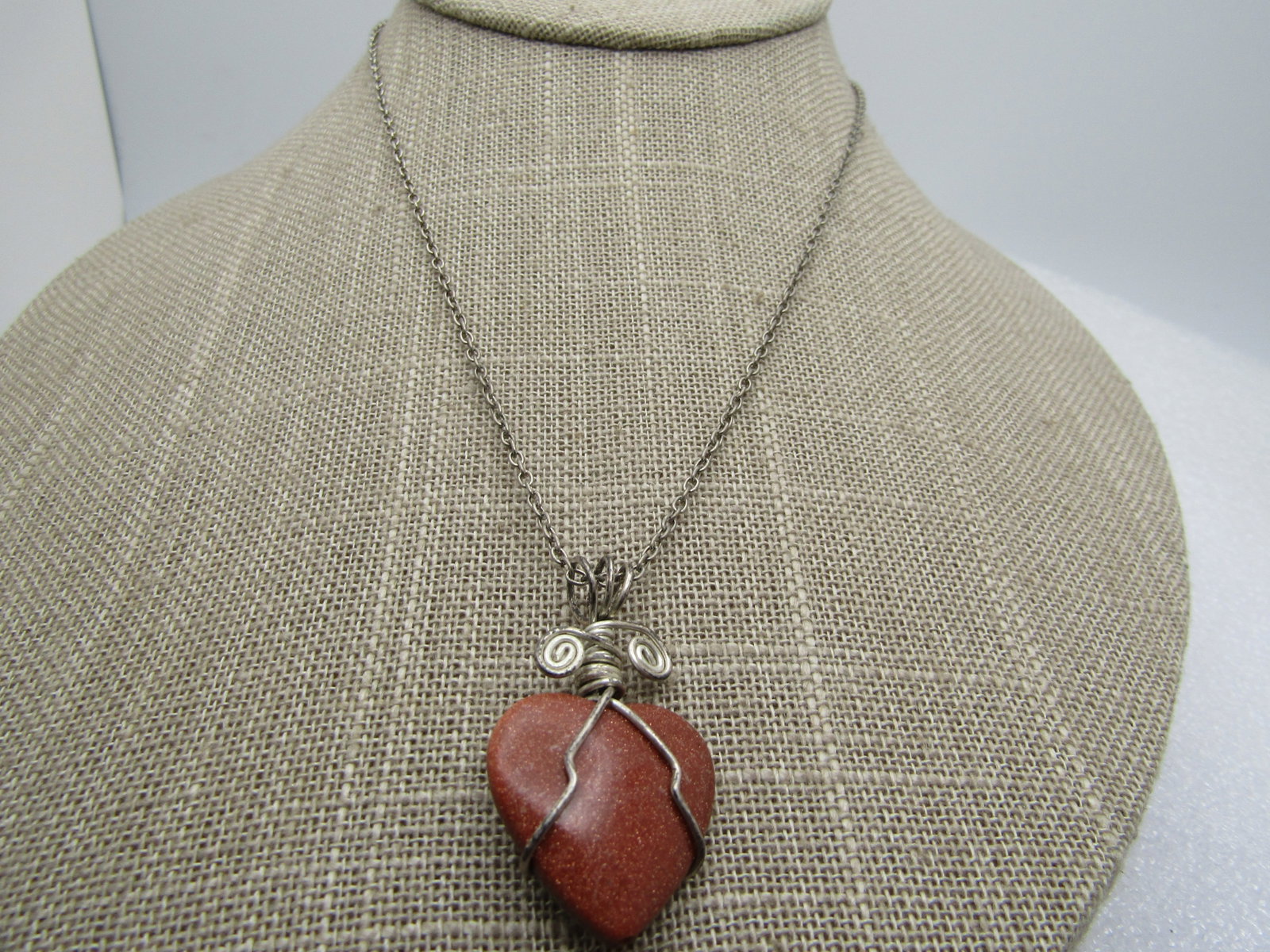 Vintage Sterling Wrapped Goldstone Heart Necklace , 16" Chain - 2