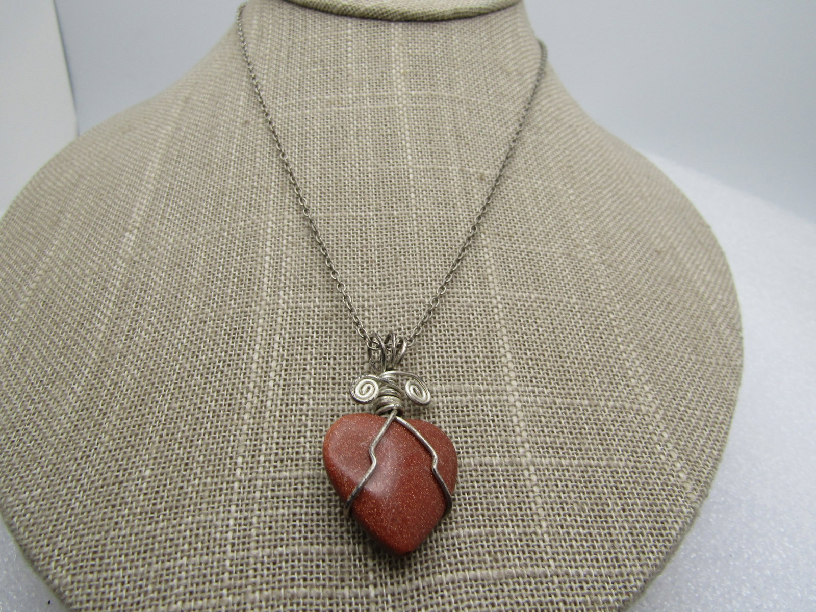 Vintage Sterling Wrapped Goldstone Heart Necklace , 16" Chain - 3