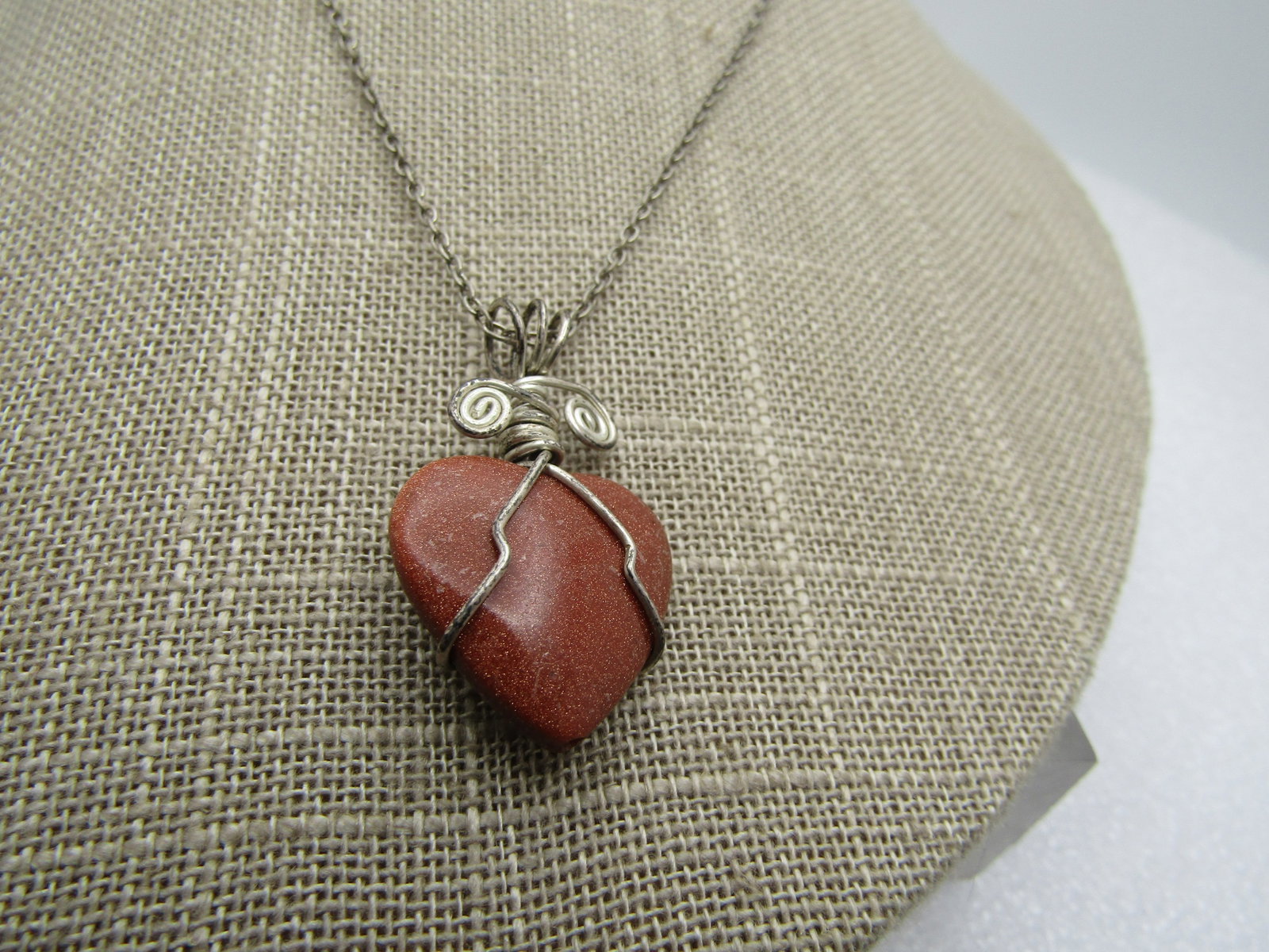 Vintage Sterling Wrapped Goldstone Heart Necklace , 16" Chain - 5