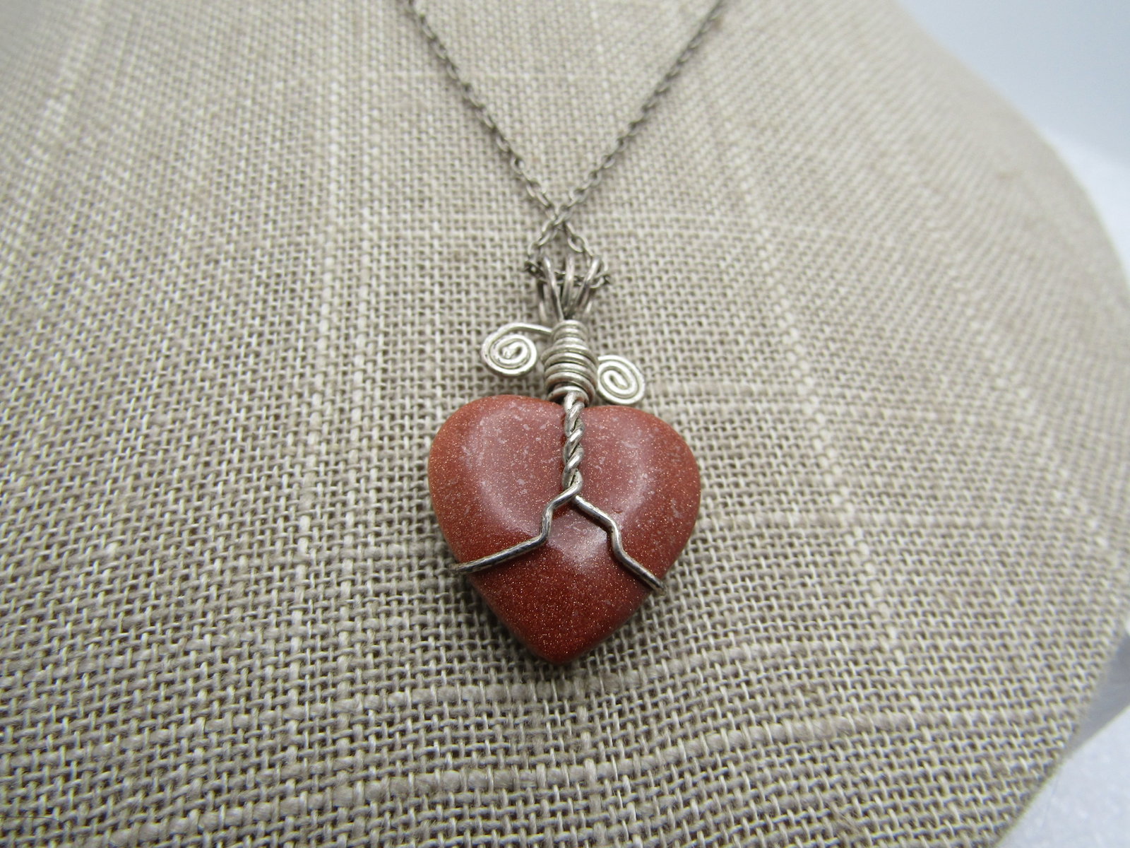 Vintage Sterling Wrapped Goldstone Heart Necklace , 16" Chain - 6