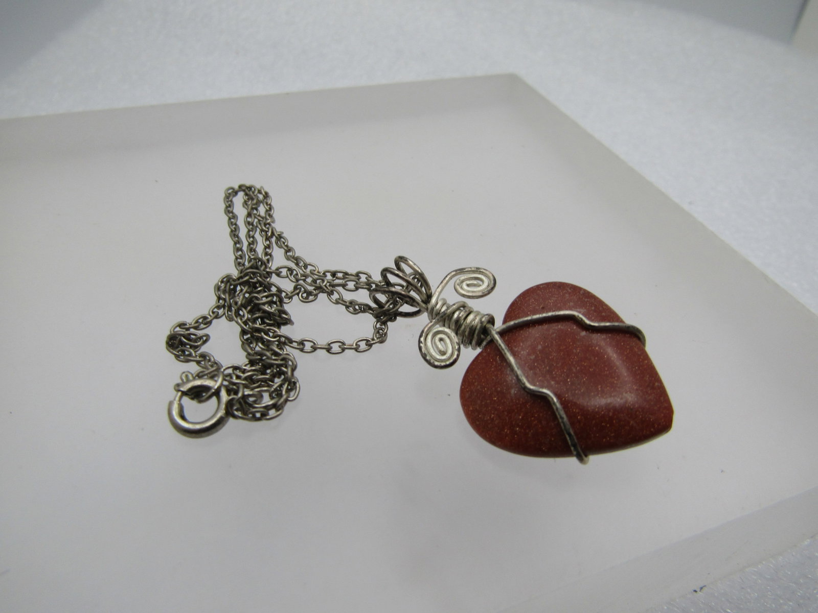 Vintage Sterling Wrapped Goldstone Heart Necklace , 16" Chain - 7