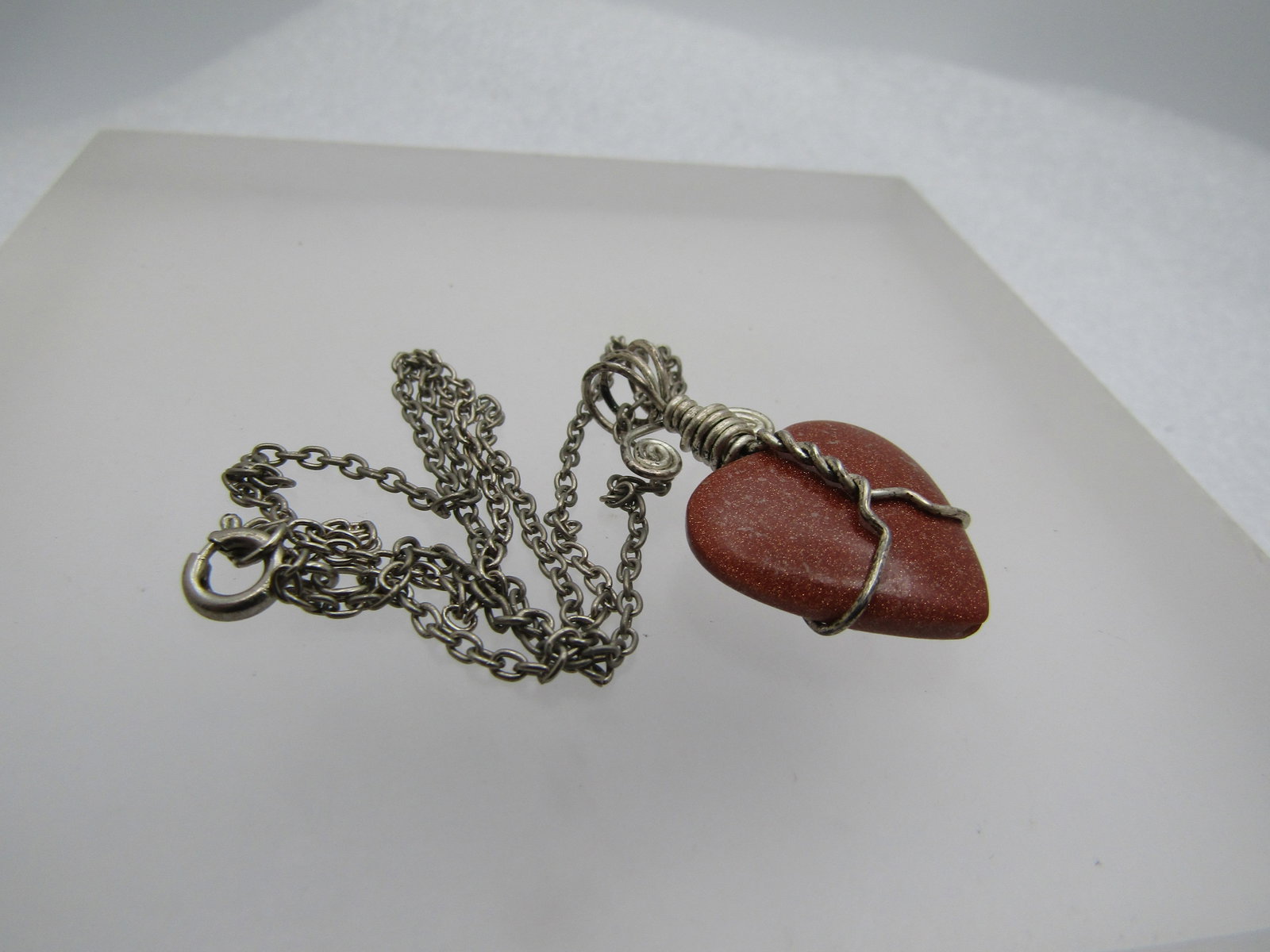 Vintage Sterling Wrapped Goldstone Heart Necklace , 16" Chain - 8