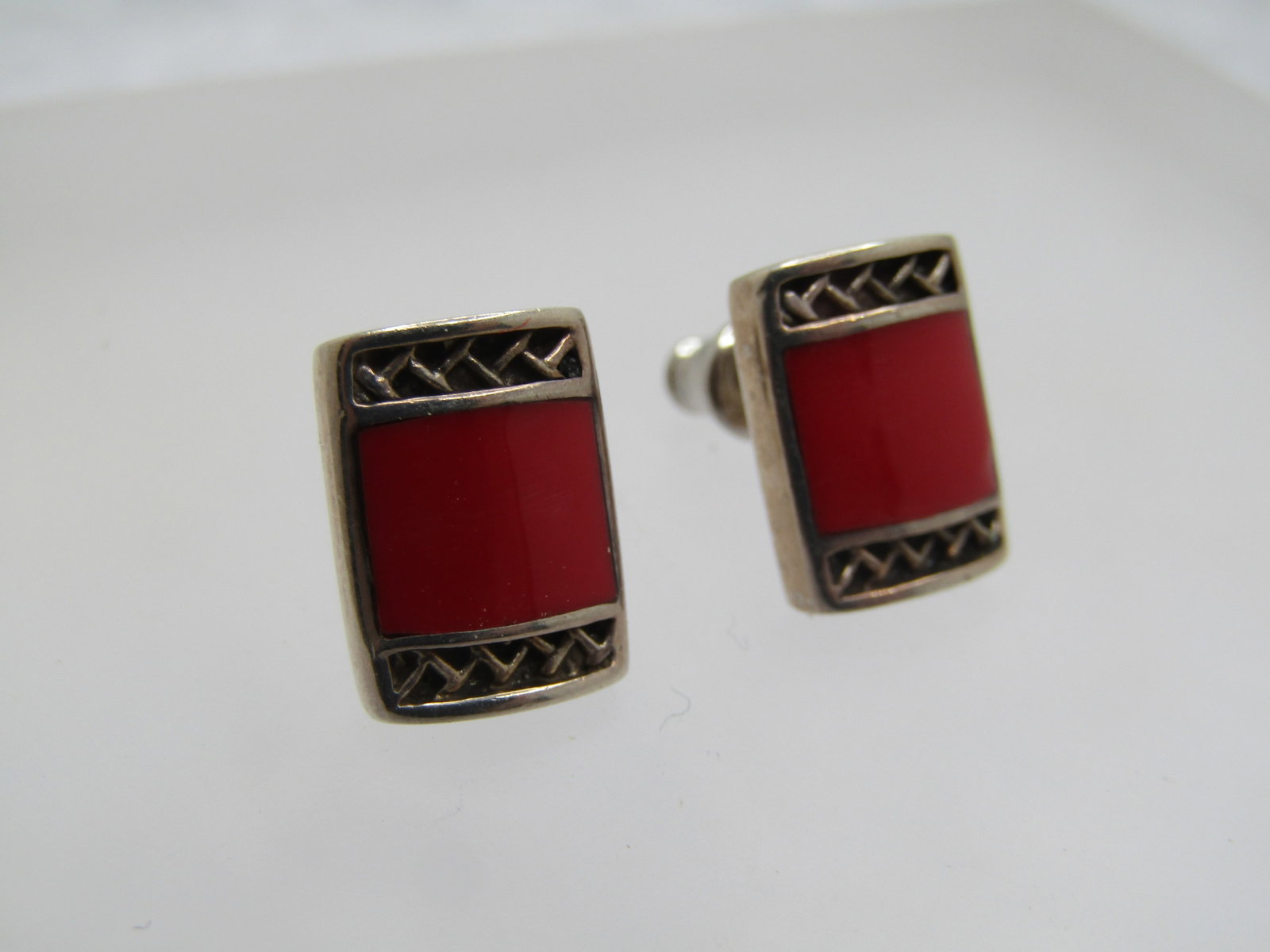 Vintage Sterling Red Enameled Earrings, Signed F, 1980's-1990's - 2