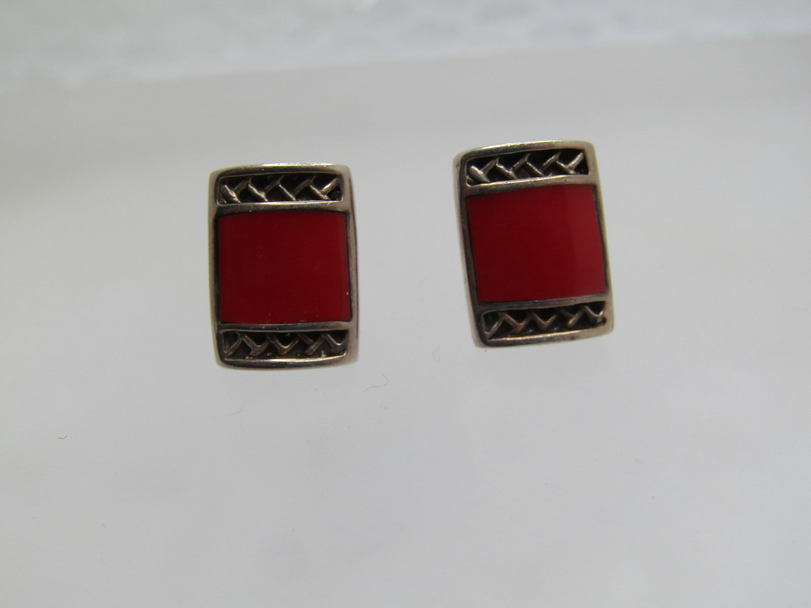 Vintage Sterling Red Enameled Earrings, Signed F, 1980's-1990's - 3