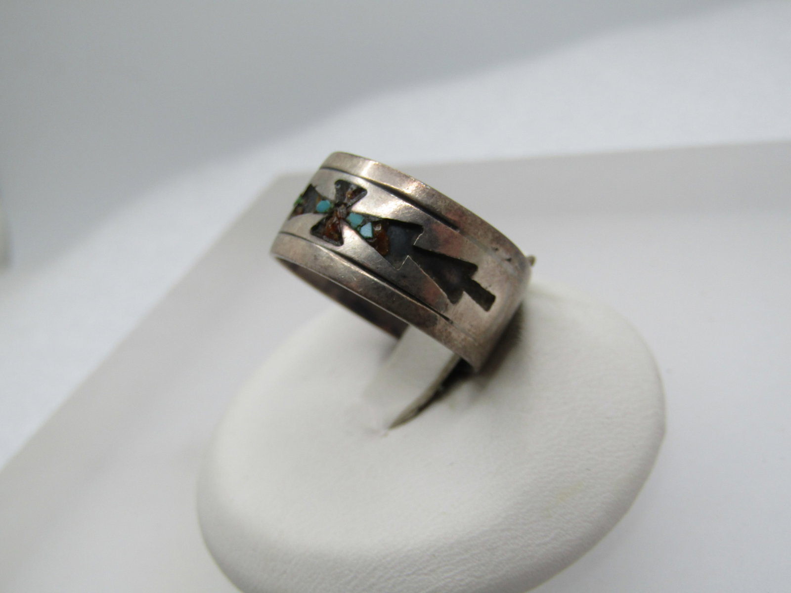 Vintage Sterling Southwestern Inlaid 9mm Band Ring, Sz. 7, Signed, 1960's-1970's - 2