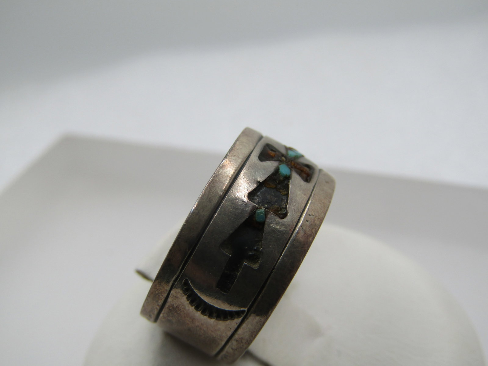 Vintage Sterling Southwestern Inlaid 9mm Band Ring, Sz. 7, Signed, 1960's-1970's - 3