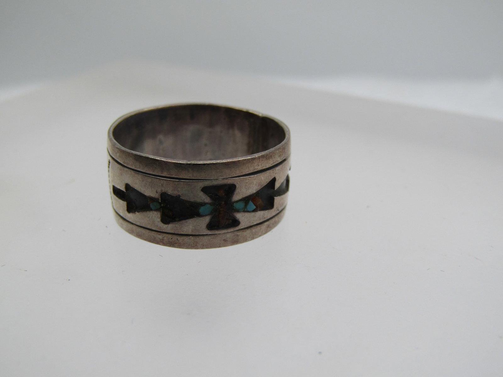 Vintage Sterling Southwestern Inlaid 9mm Band Ring, Sz. 7, Signed, 1960's-1970's - 4