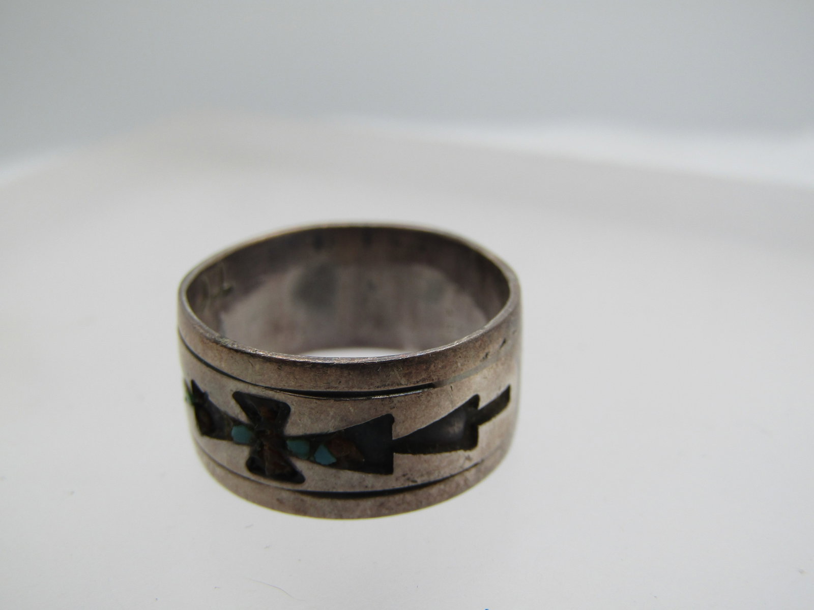 Vintage Sterling Southwestern Inlaid 9mm Band Ring, Sz. 7, Signed, 1960's-1970's - 5