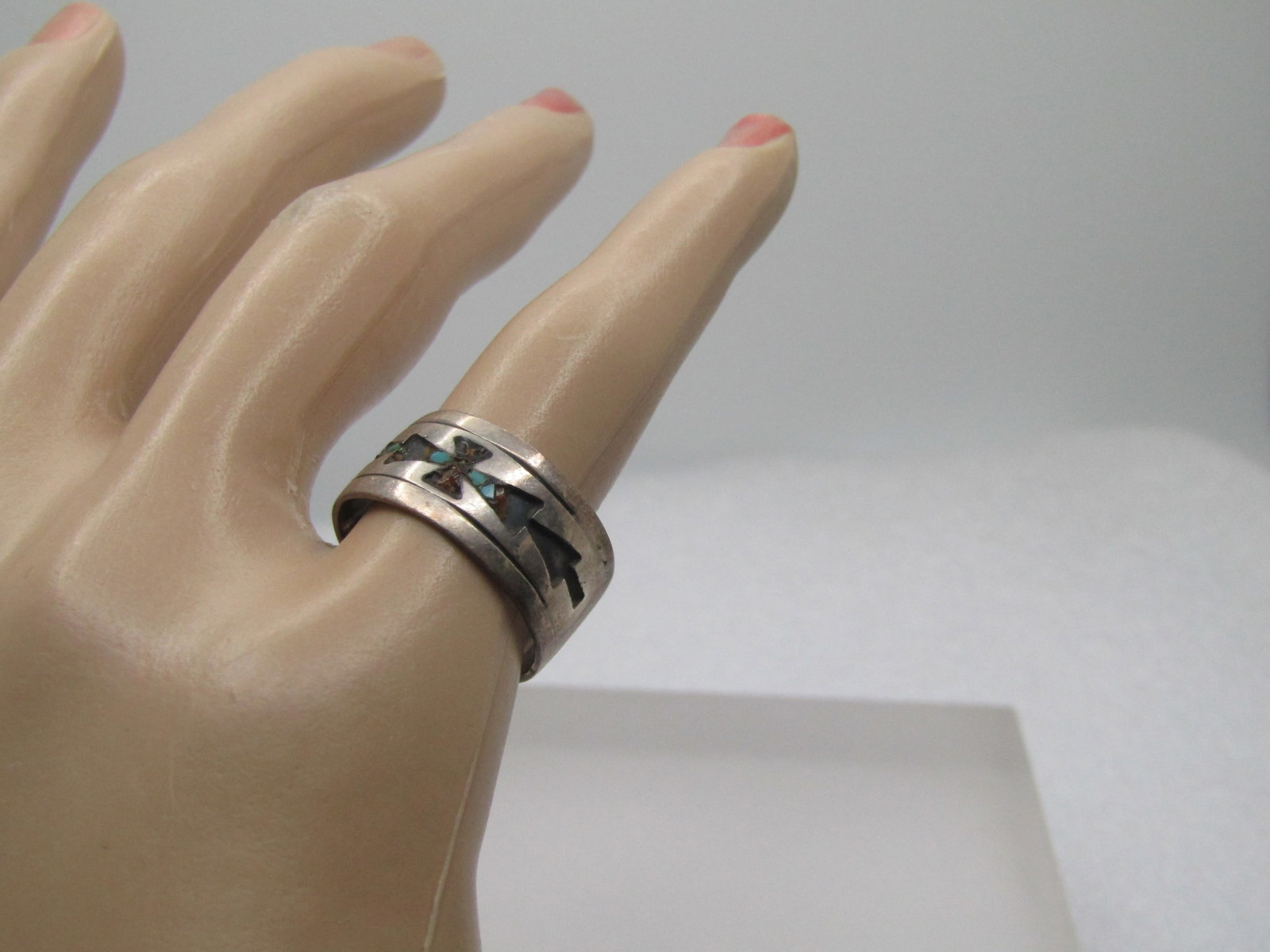 Vintage Sterling Southwestern Inlaid 9mm Band Ring, Sz. 7, Signed, 1960's-1970's - 7