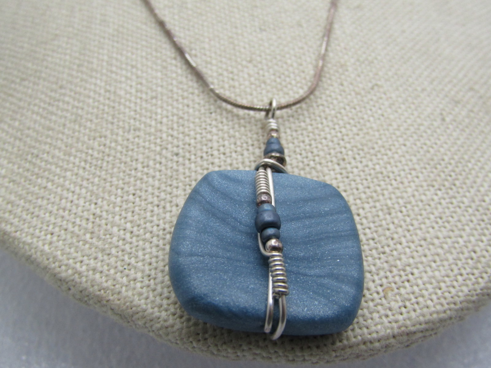 Vintage Sterling Handmade Blue Wrapped Pendant Necklace, 18" - 2