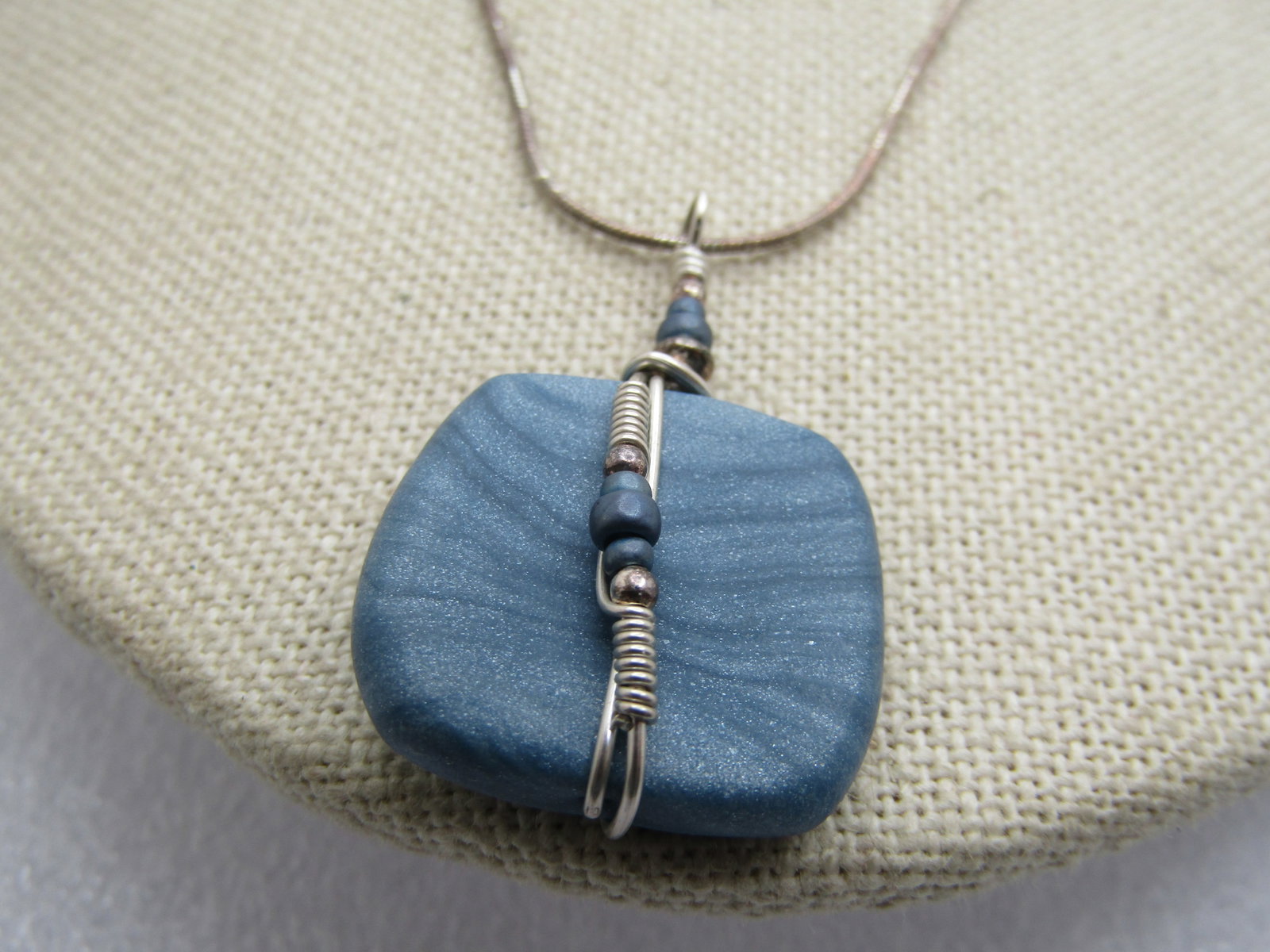 Vintage Sterling Handmade Blue Wrapped Pendant Necklace, 18" - 4