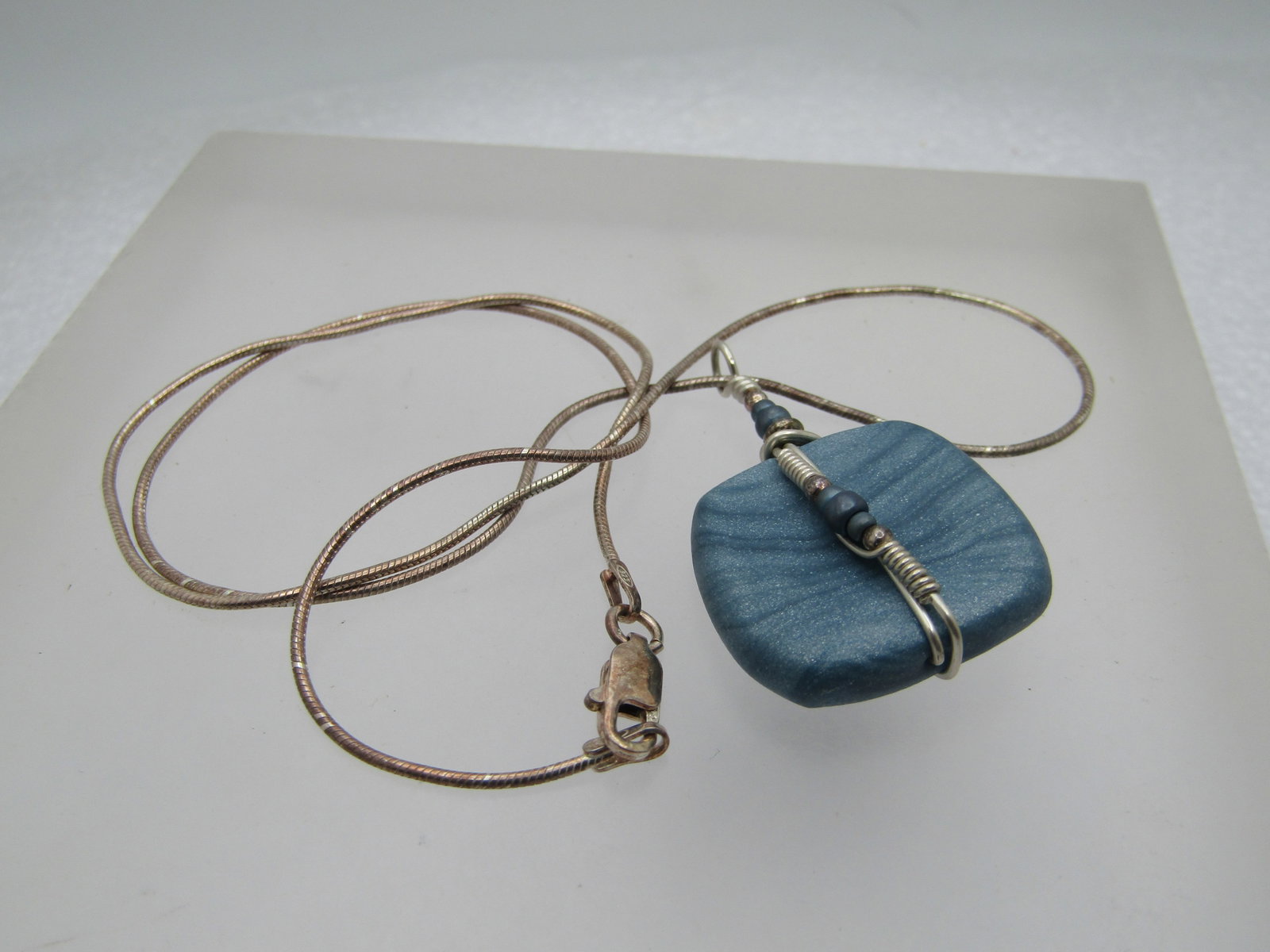 Vintage Sterling Handmade Blue Wrapped Pendant Necklace, 18" - 5