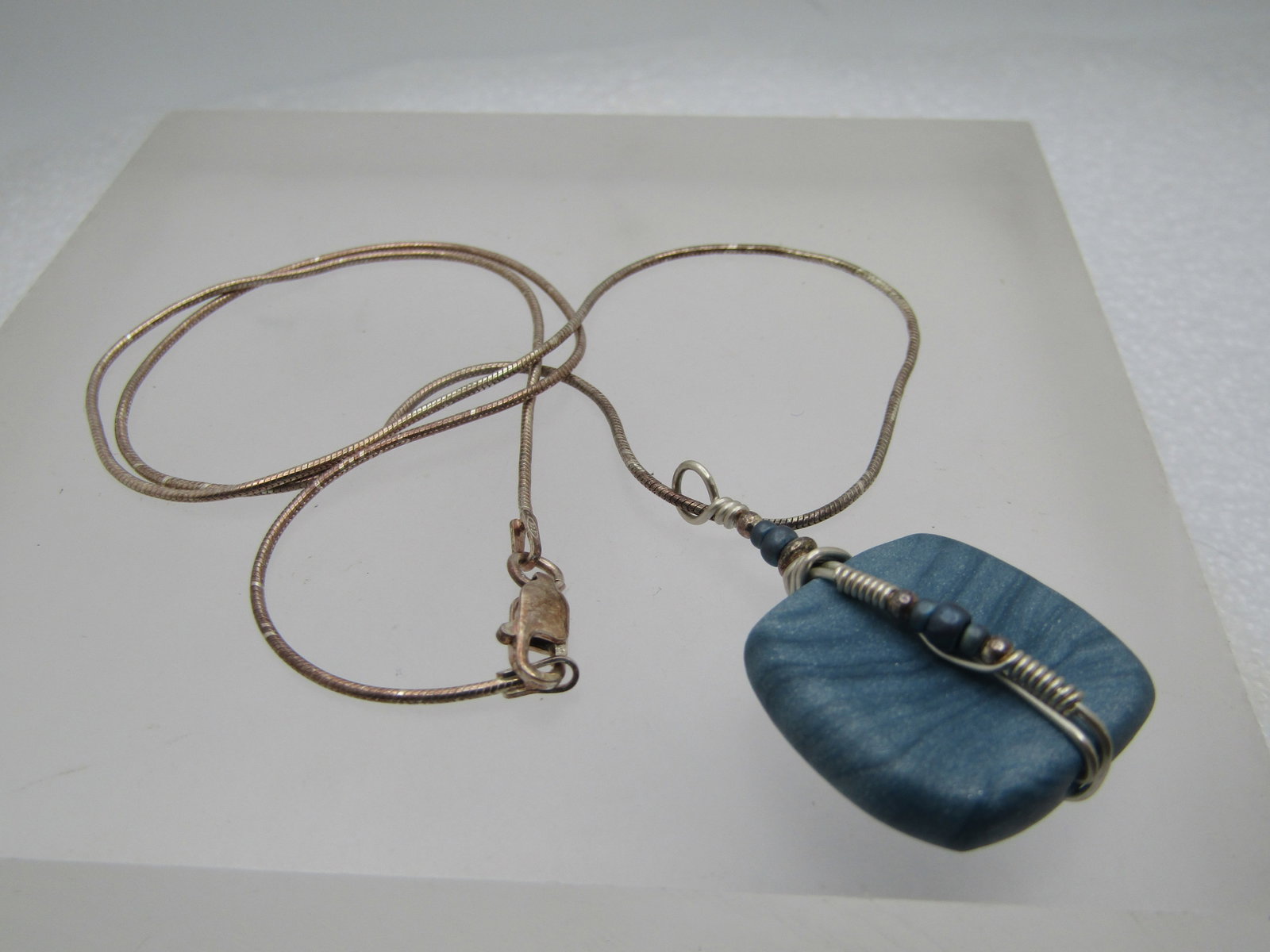 Vintage Sterling Handmade Blue Wrapped Pendant Necklace, 18" - 6