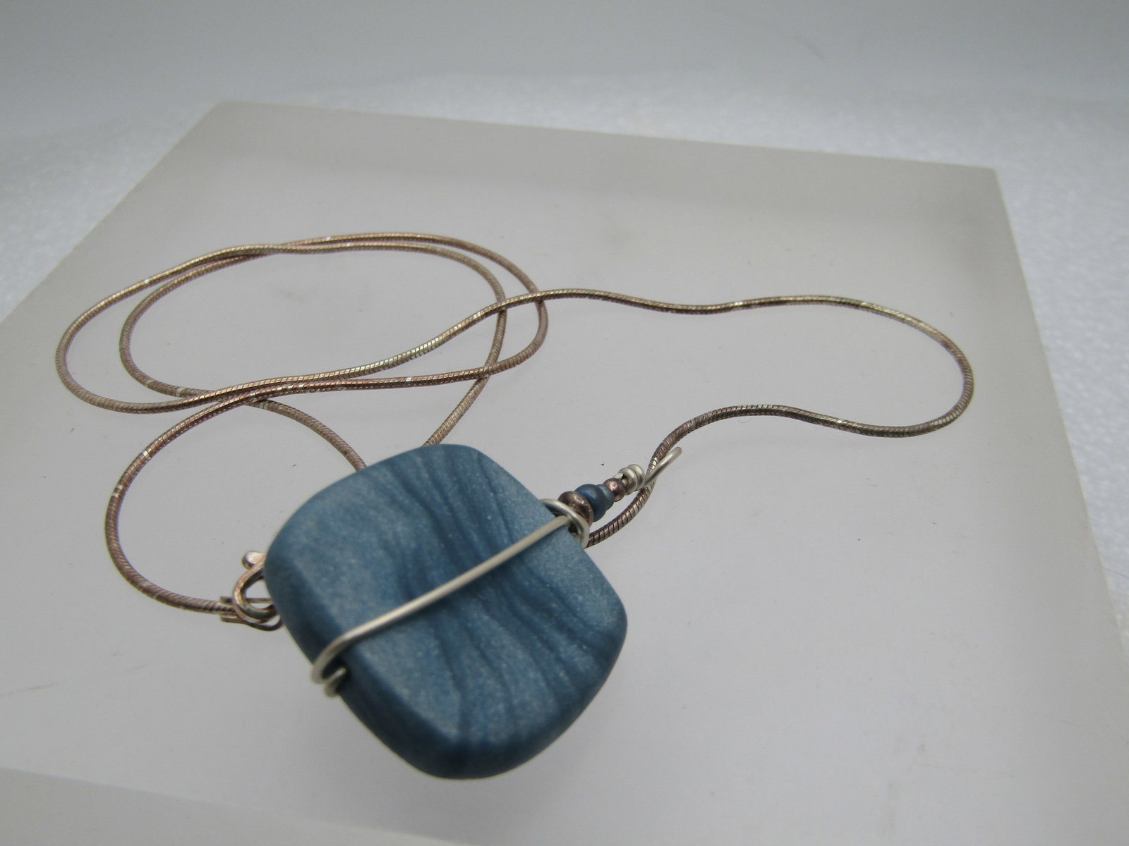 Vintage Sterling Handmade Blue Wrapped Pendant Necklace, 18" - 7