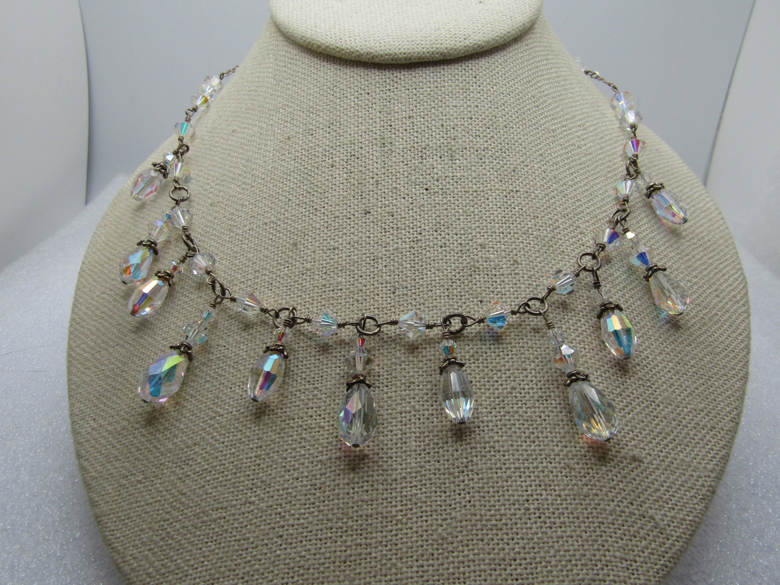 Vintage Sterling and Crystal Beaded Necklace, Dangle, 19", 1960's-1980's: Title: Vintage Sterling and Crystal Beaded Necklace, Dangle, 19", 1960's-1980's Description: Vintage Sterling and Crystal Beaded Necklace, Dangle, 19", 1960's-1980's. This appears to have had the spri