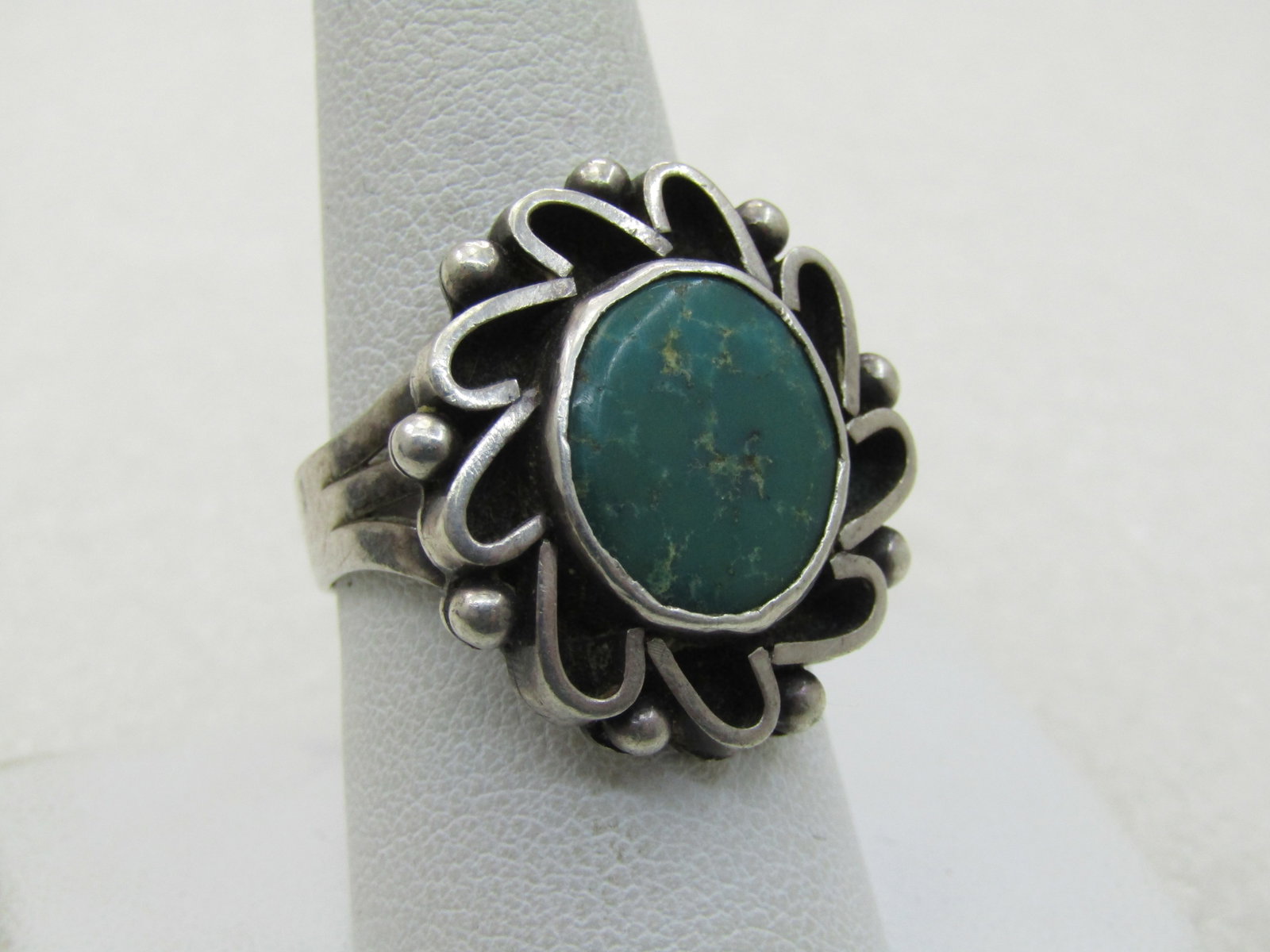 Vintage Sterling Southwestern Turquoise Ring, Sz 9.5, Unisex, Scrolled - 2