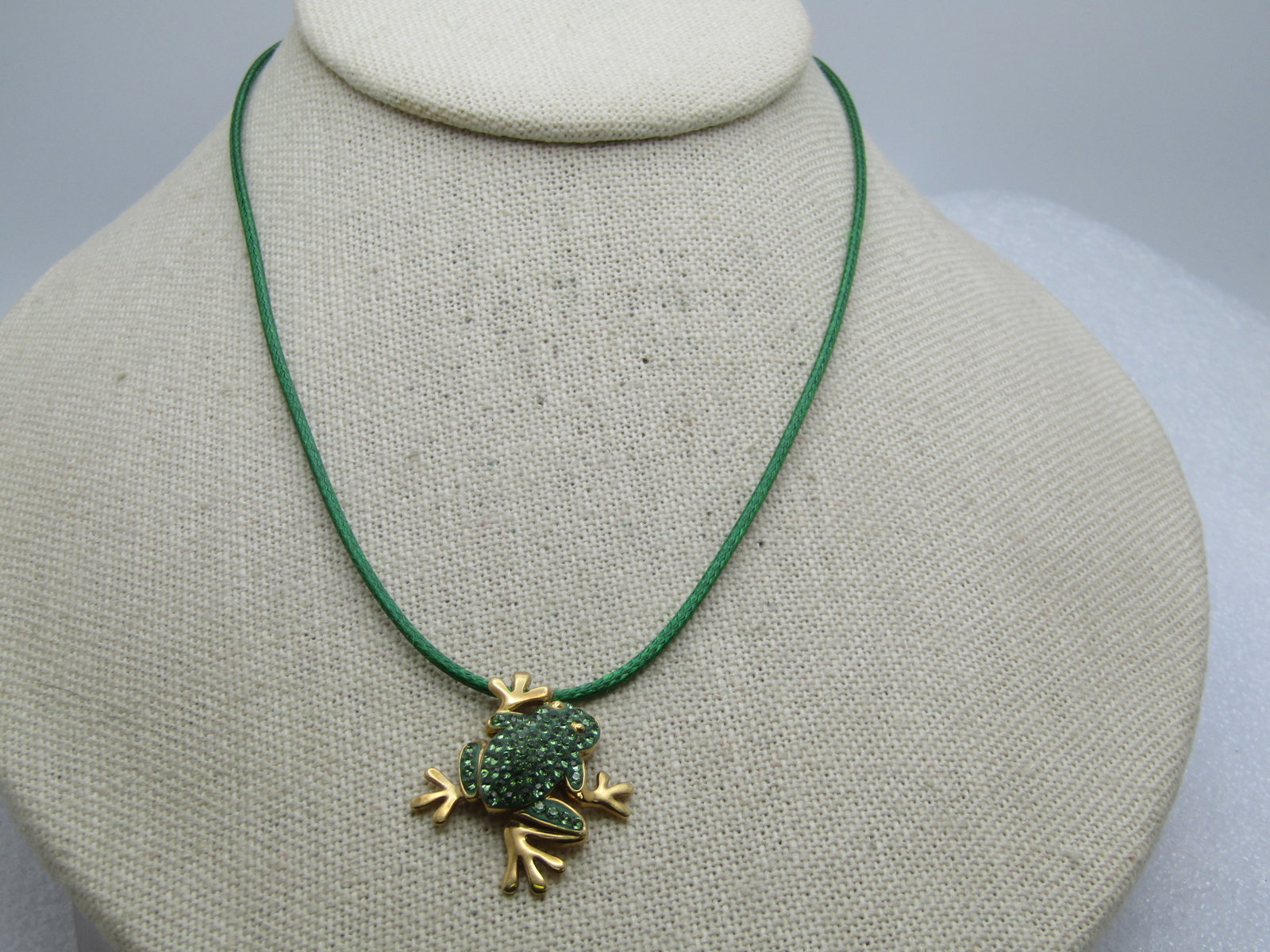 Sterling Rhinestone Enameled Frog Necklace, Goldwashed, 16"-18" Signed R.H. and TH (1 of 7)