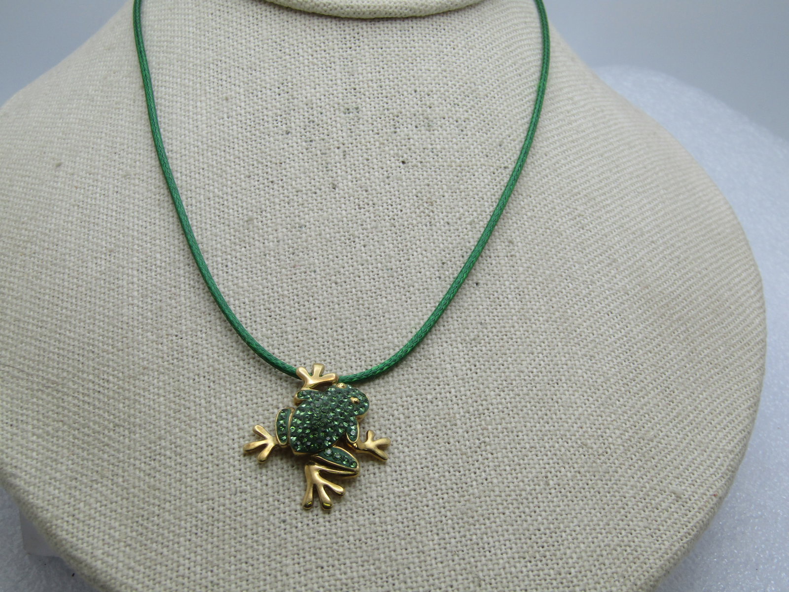 Sterling Rhinestone Enameled Frog Necklace, Goldwashed, 16"-18" Signed R.H. and TH - 2