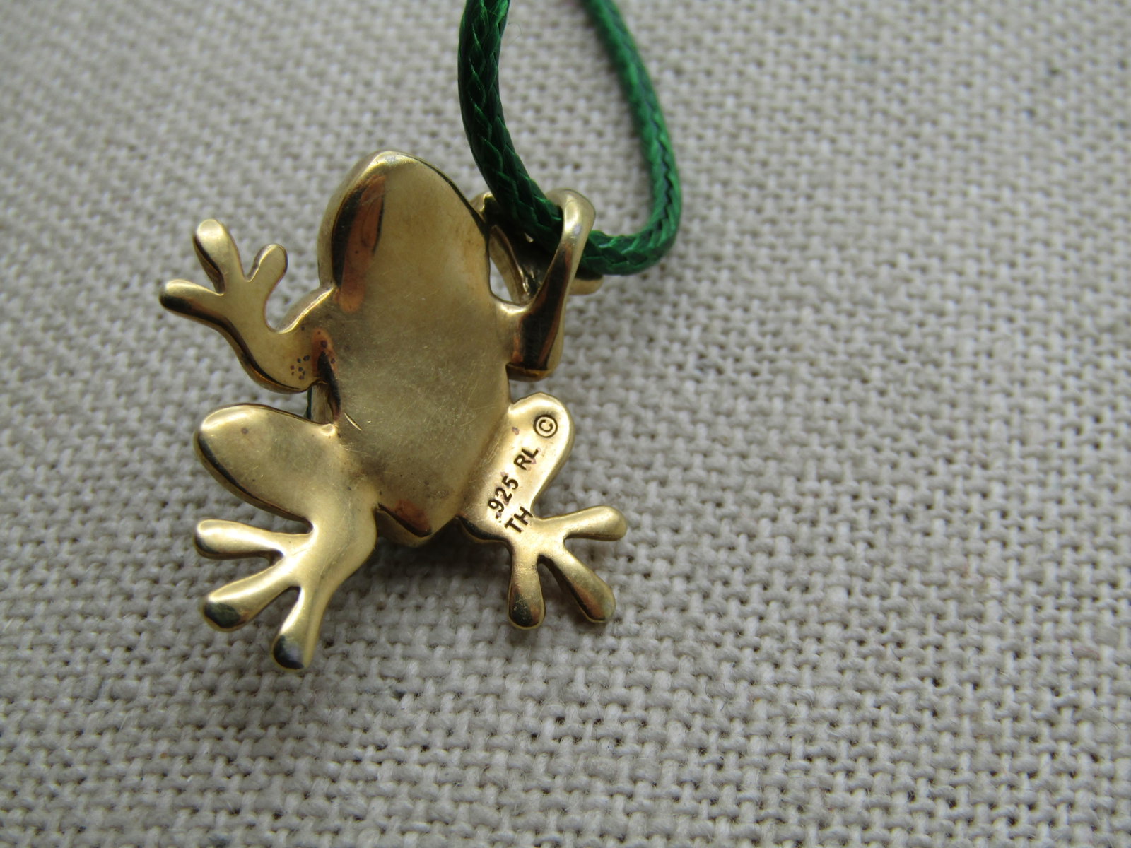 Sterling Rhinestone Enameled Frog Necklace, Goldwashed, 16"-18" Signed R.H. and TH - 4