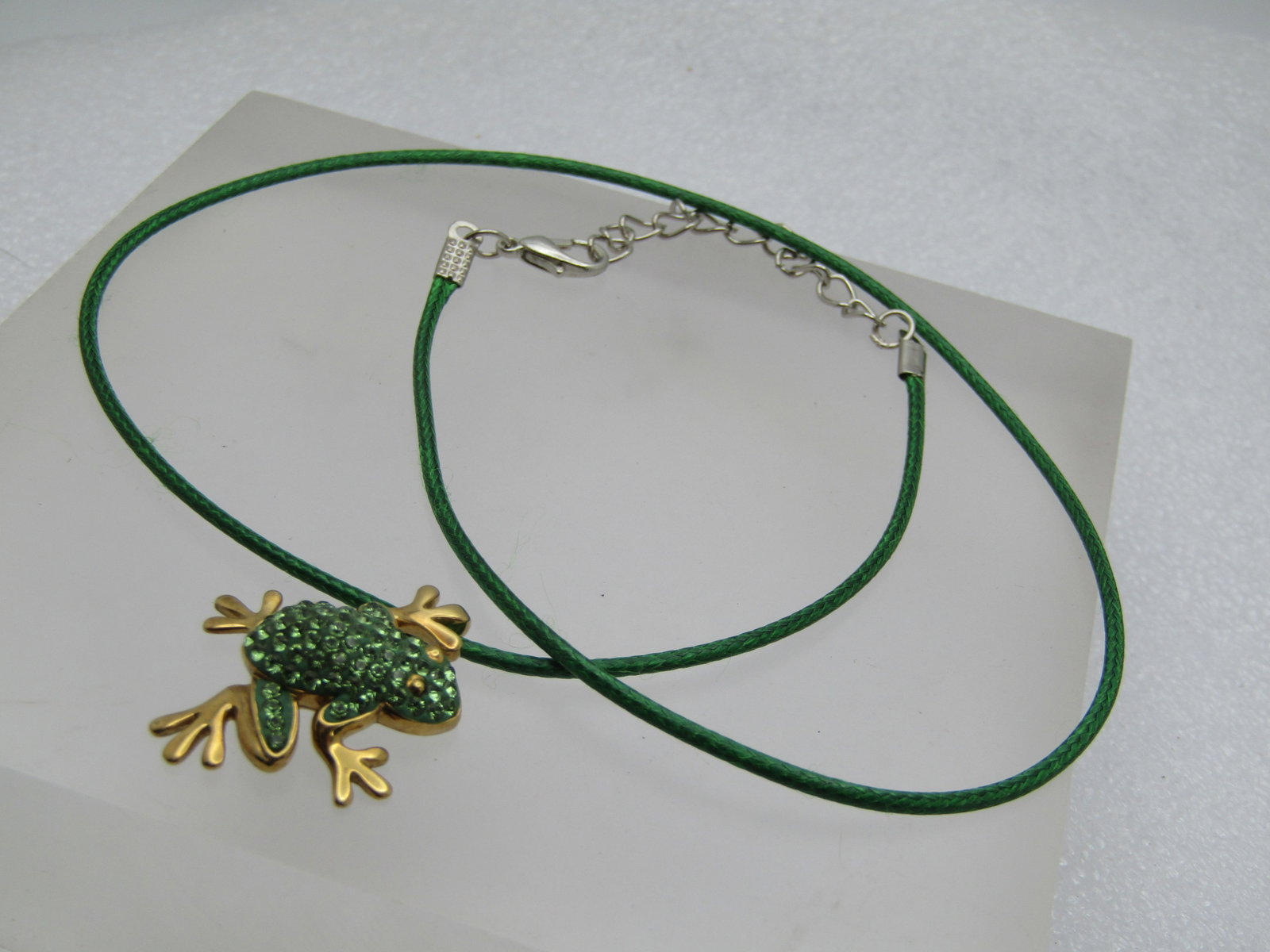Sterling Rhinestone Enameled Frog Necklace, Goldwashed, 16"-18" Signed R.H. and TH - 5