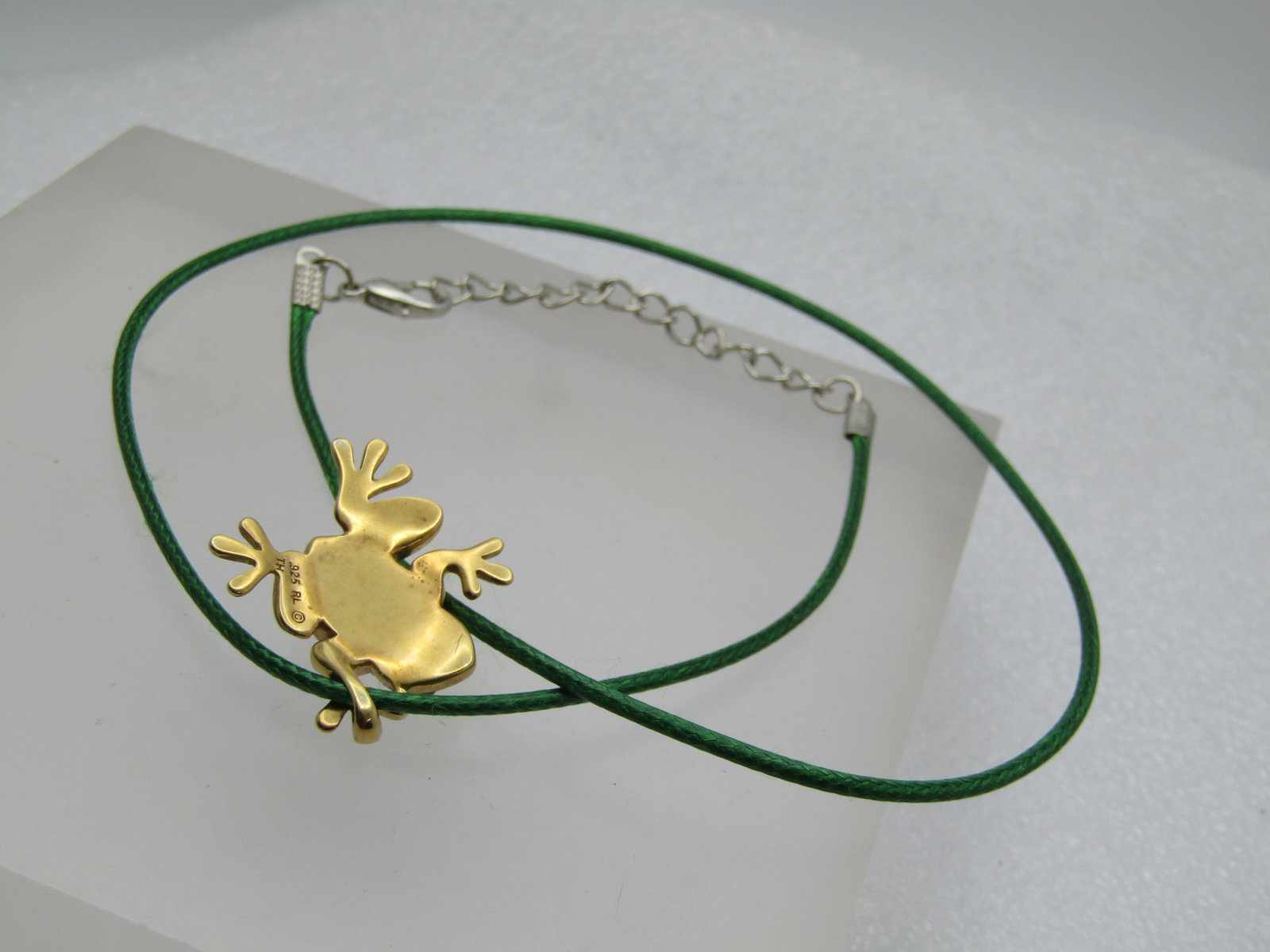 Sterling Rhinestone Enameled Frog Necklace, Goldwashed, 16"-18" Signed R.H. and TH - 6
